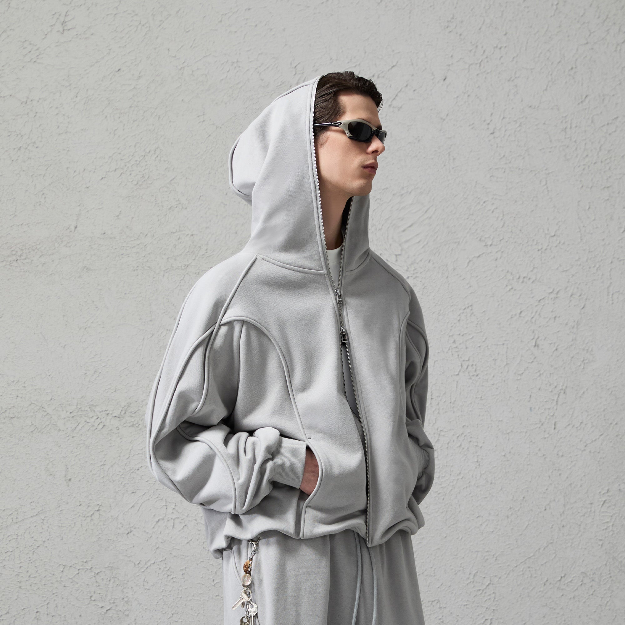 ORGANIC EMOTION Curved Panel Drawstring-Hem Zip-Up Hoodie, premium urban and streetwear designers apparel on PROJECTISR.com, ORGANIC EMOTION