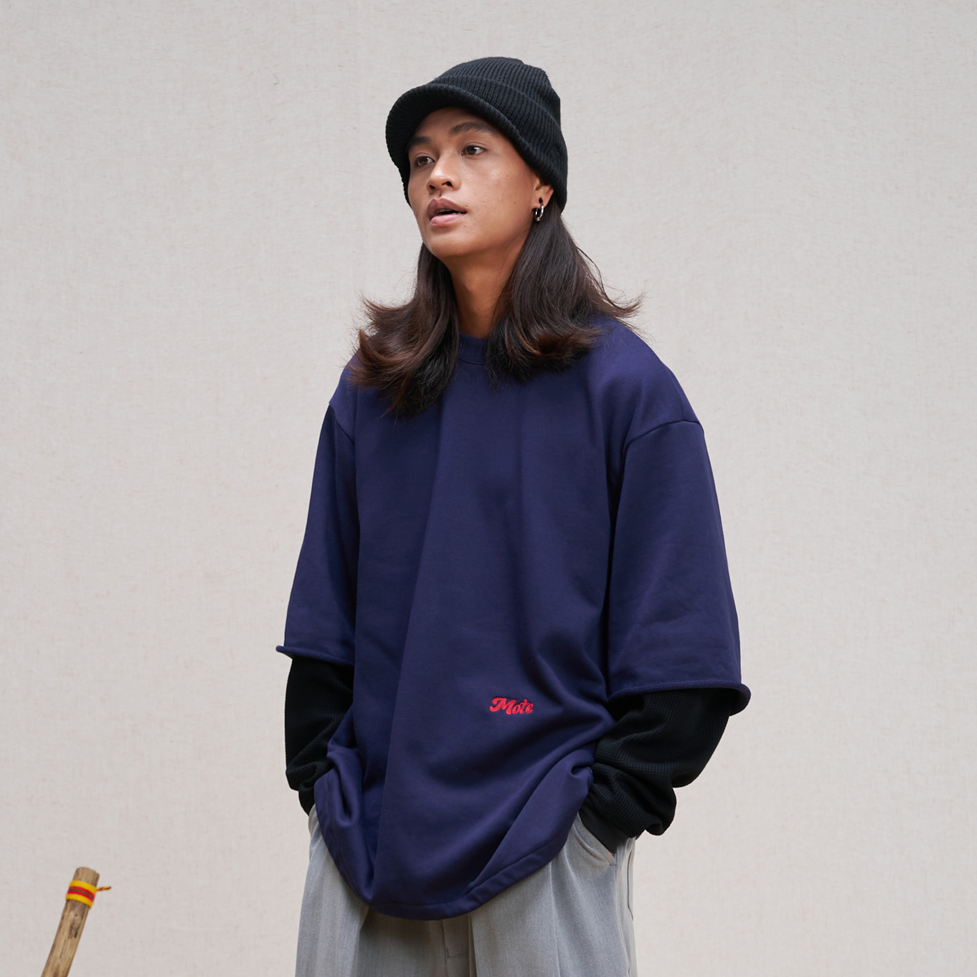 UNLIMITED MOTE Waffle Sleeve Layered Drawstring Hem Sweatshirt