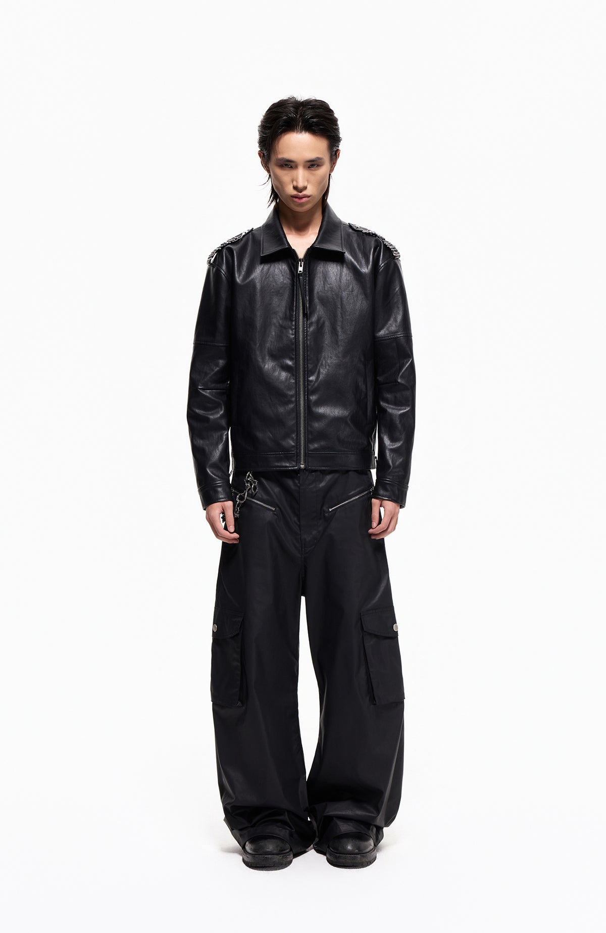 2000RSK Pin-Shoulder Faux Leather Biker Jacket