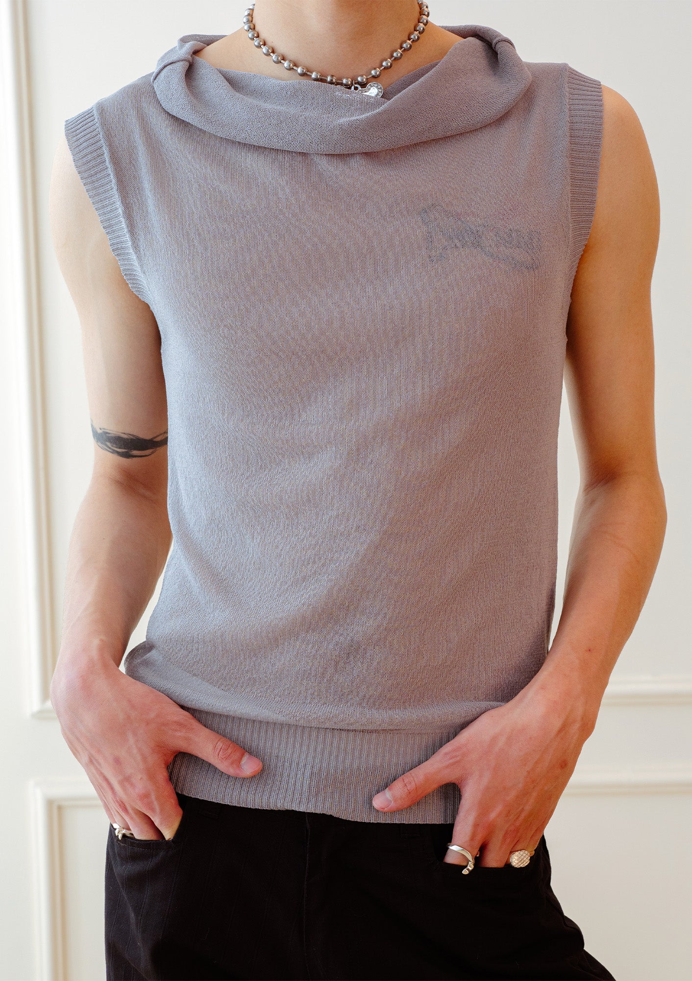 KADAKADA Retro Cowl-Neck Knited Sleeveless T-Shirt, premium urban and streetwear designers apparel on PROJECTISR.com, KADAKADA