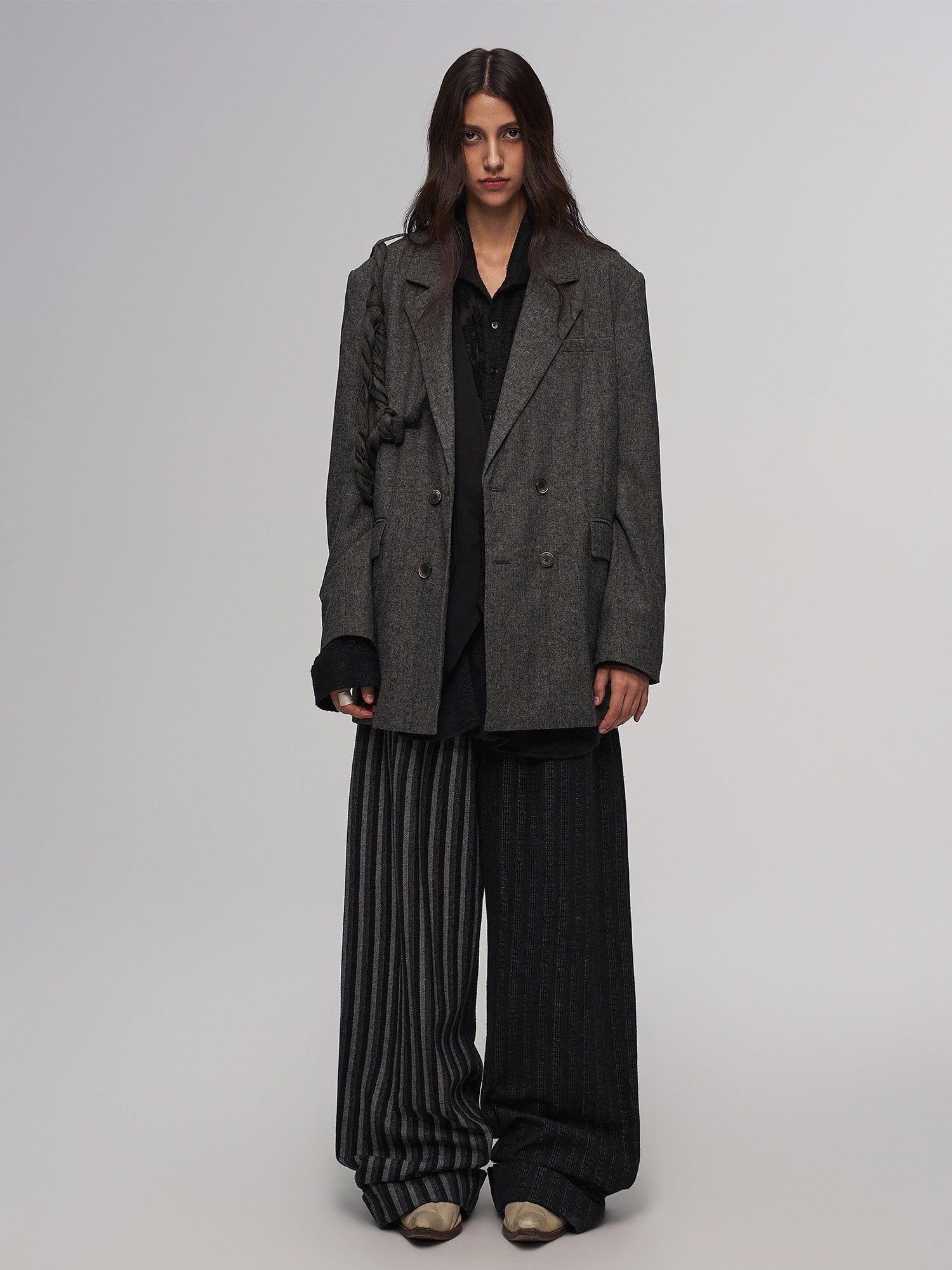 ILNya Nieternite Nifutur Asym Pinstripe Waistband Panel Wide-Leg Trousers