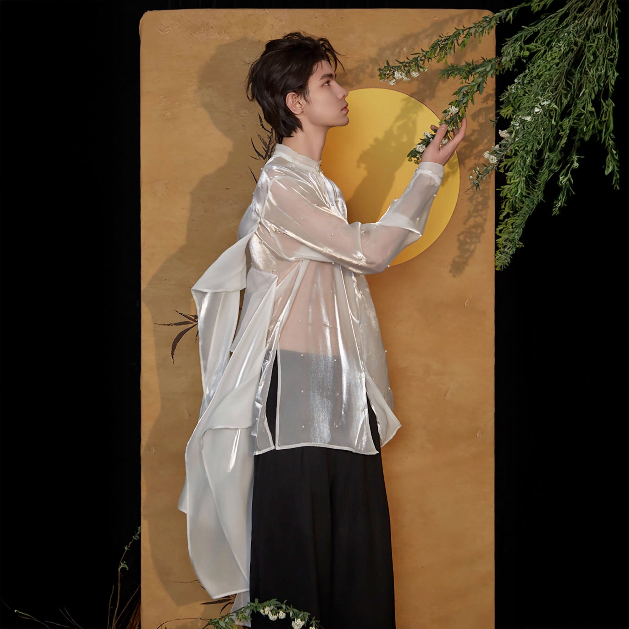 JIECHI Pearl Embroidered Layered Ribbon Organza Shirt, premium urban and streetwear designers apparel on PROJECTISR.com, JIECHI