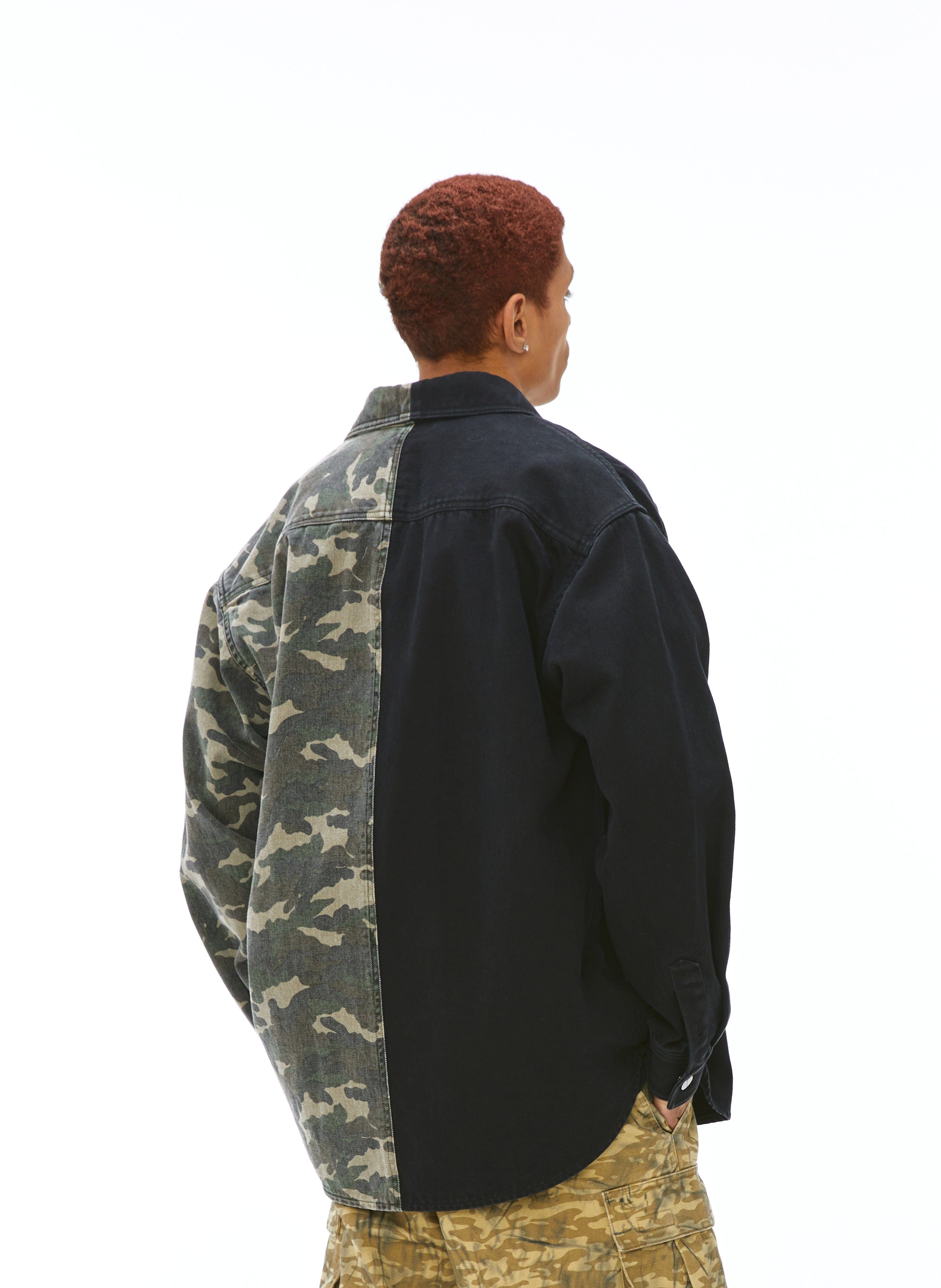 VANN VALRENCE Paneled Camo Denim Shirt