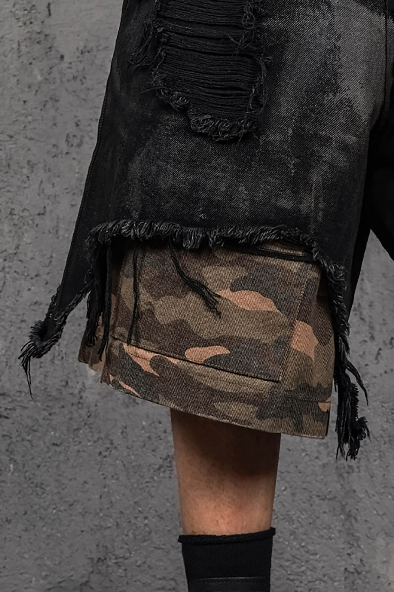 UNDERWATER Double-Layered Ripped Camo Shorts Black, premium urban and streetwear designers apparel on PROJECTISR.com, UNDERWATER