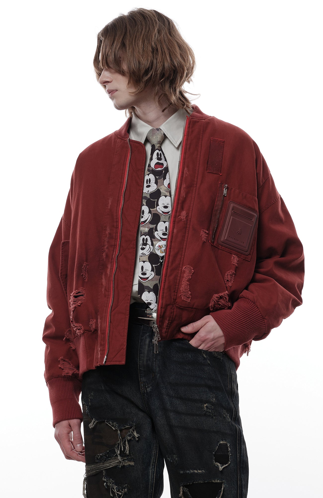 FACEONLAB Distressed Padded Bomber Jacket