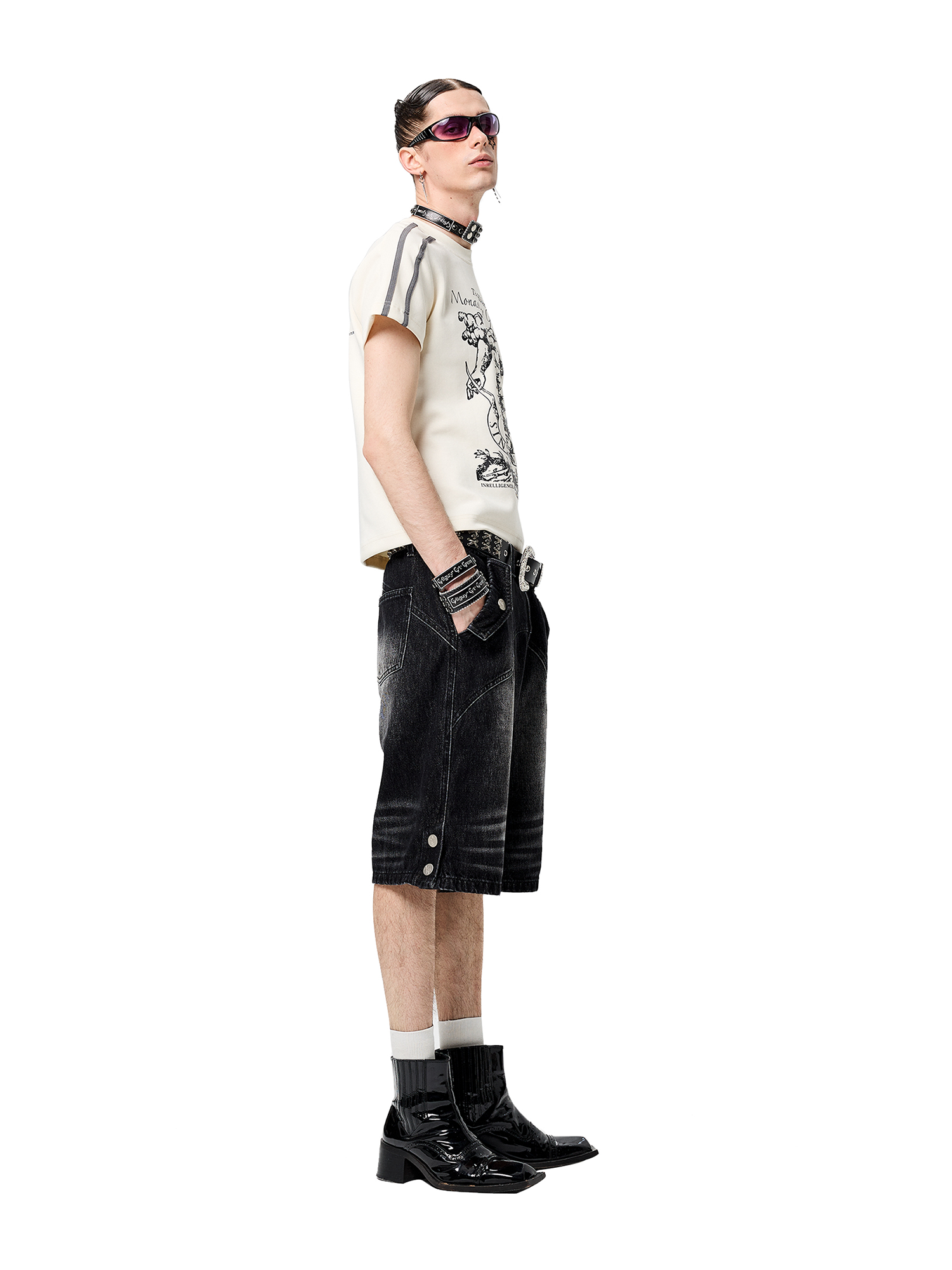 CYCYCY Retro Washed Paneled Denim Shorts