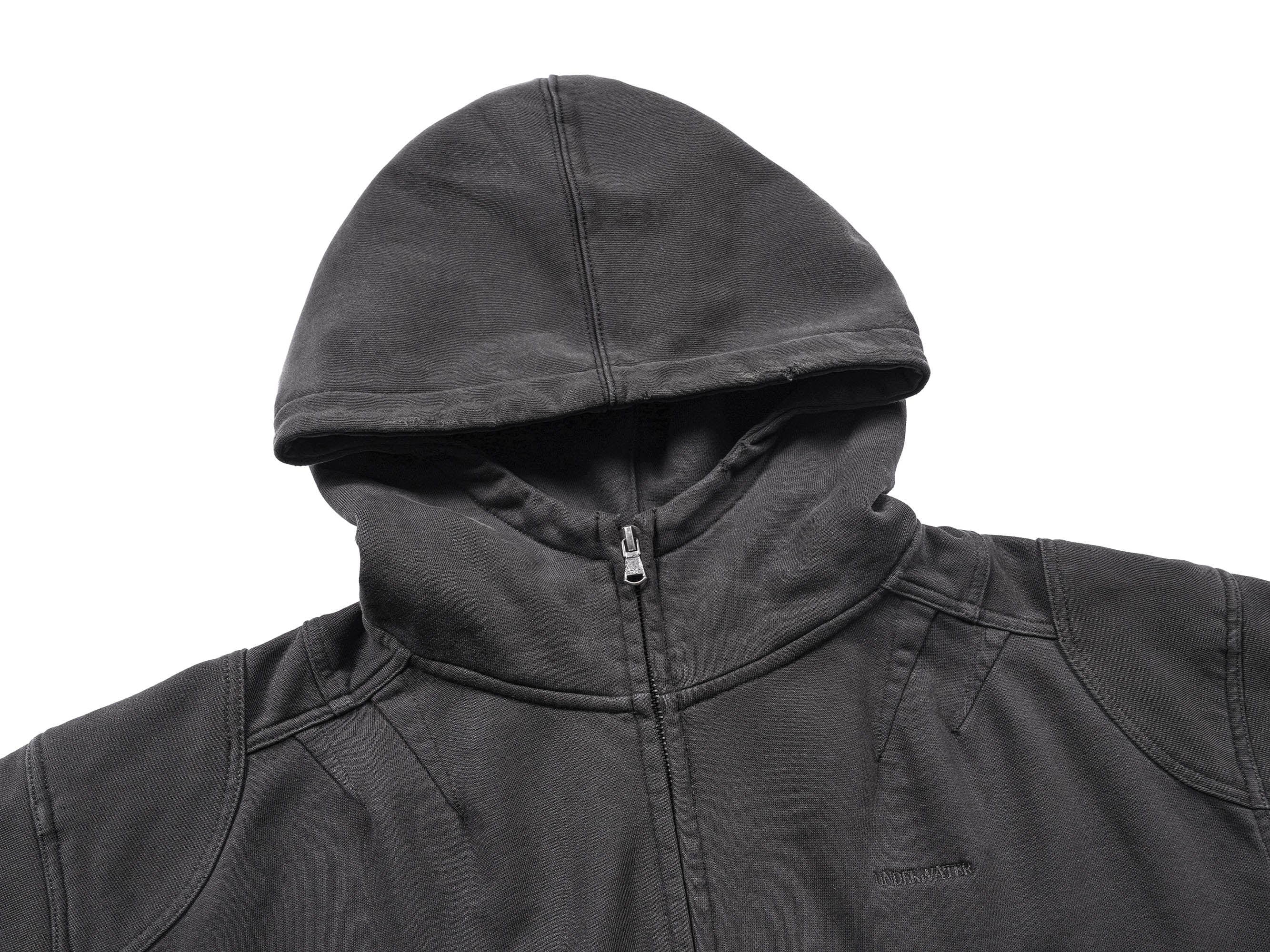 UNDERWATER Distressed Spliced Fallen Armor Zip-Up Hoodie, premium urban and streetwear designers apparel on PROJECTISR.com, UNDERWATER