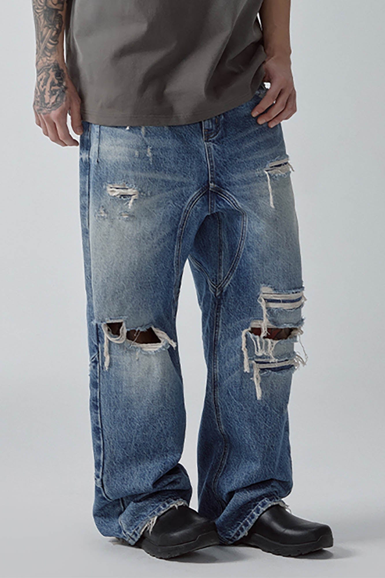 F2CE Ripped Curved Spliced Jeans, premium urban and streetwear designers apparel on PROJECTISR.com, F2CE