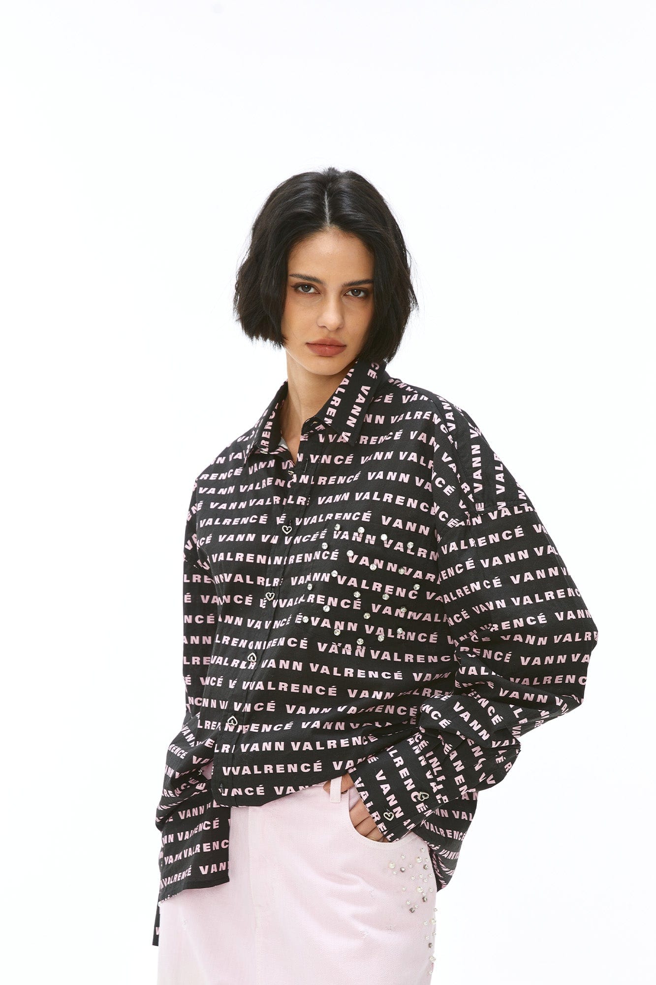 VANN VALRENCE Monogram Crystal-Studded Oversized Shirt, premium urban and streetwear designers apparel on PROJECTISR.com, VANN VALRENCE