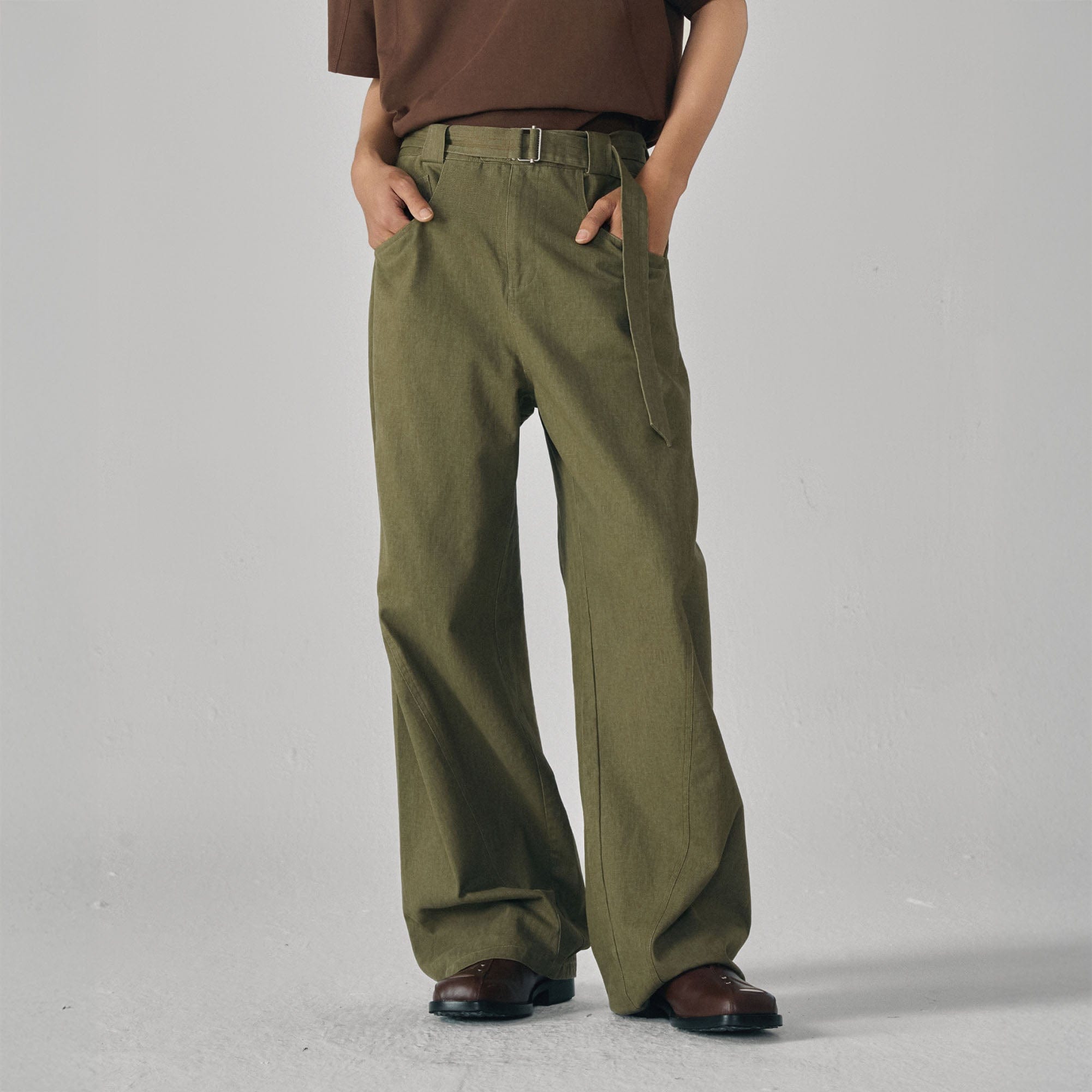 GONGHE REPUB Arc Spliced Strap Belt Pants, premium urban and streetwear designers apparel on PROJECTISR.com, GONGHE REPUB