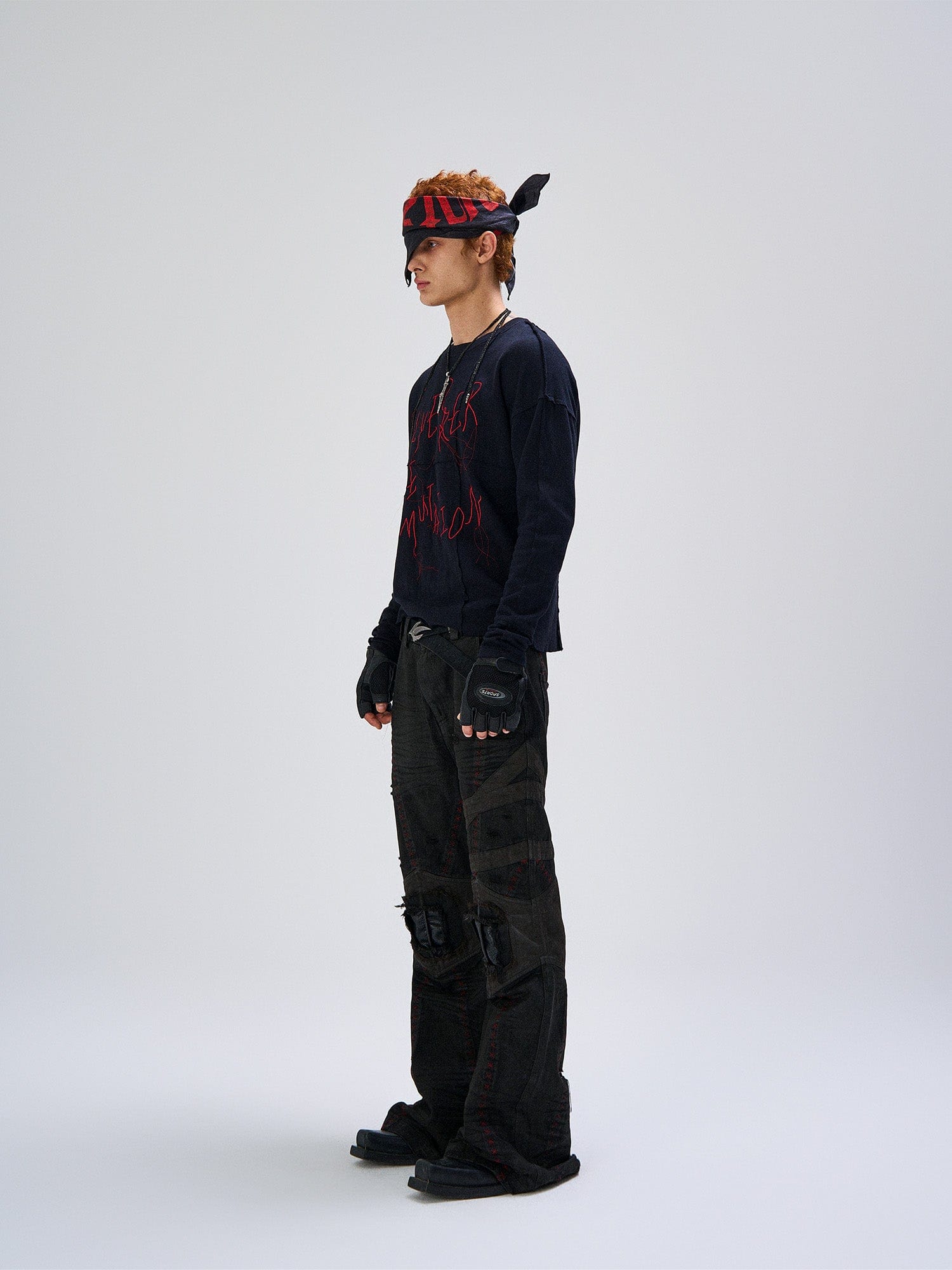 FLYERRER Cross-Panel Contrast Frayed Embroidered Long-Sleeve Tee, premium urban and streetwear designers apparel on PROJECTISR.com, FLYERRER