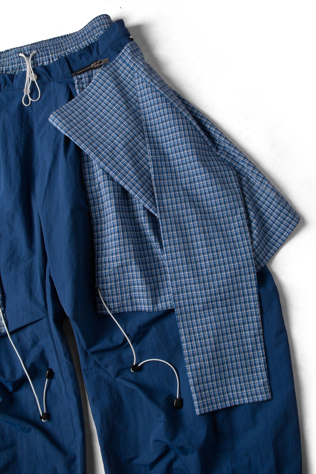 RELABEL Drawstring Layered Double-Waistband Parachute Pants Blue, premium urban and streetwear designers apparel on PROJECTISR.com, RELABEL