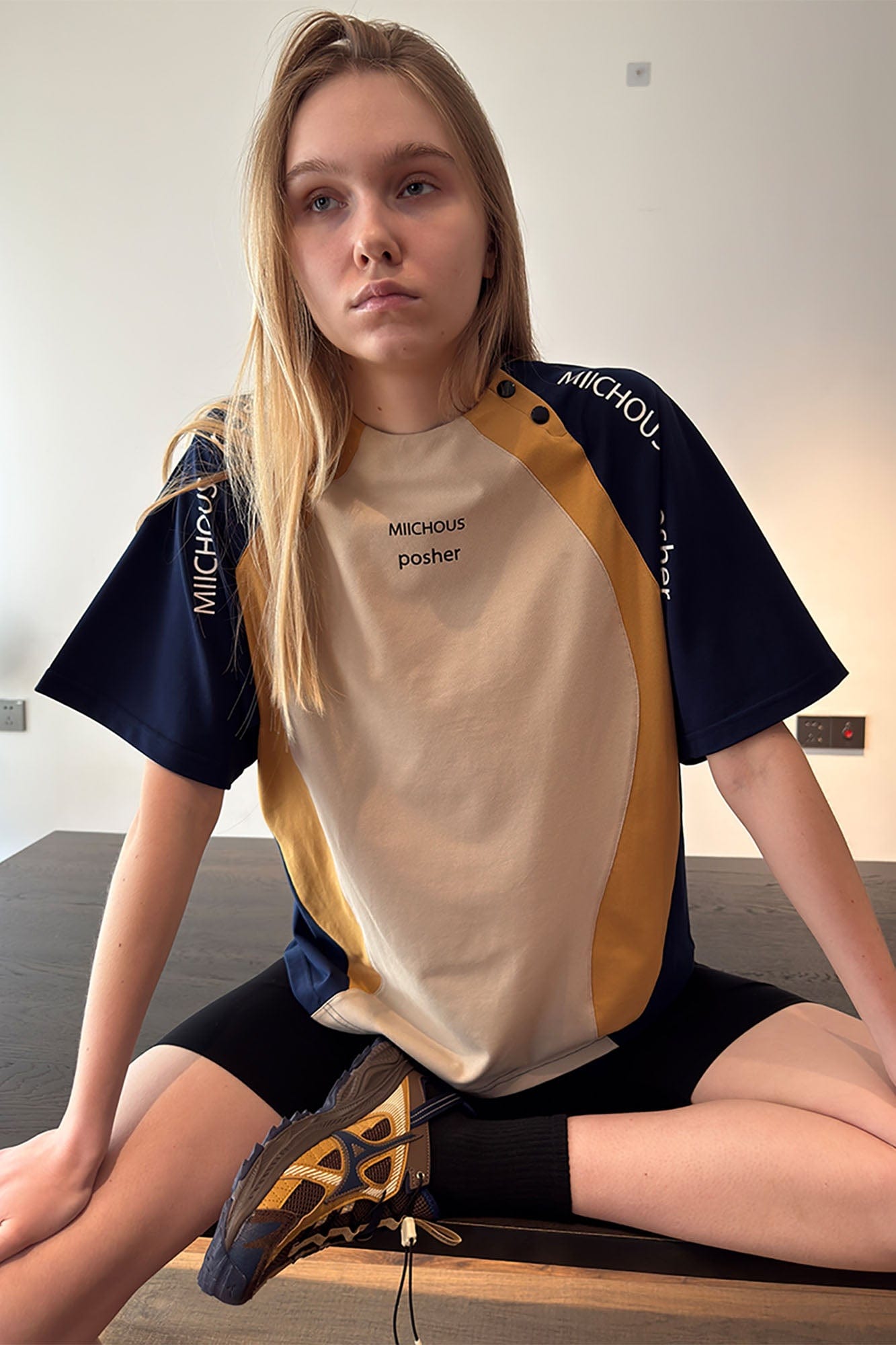 MIICHOUS Curve Spliced Button-Neck Raglan T-Shirt, premium urban and streetwear designers apparel on PROJECTISR.com, Miichous