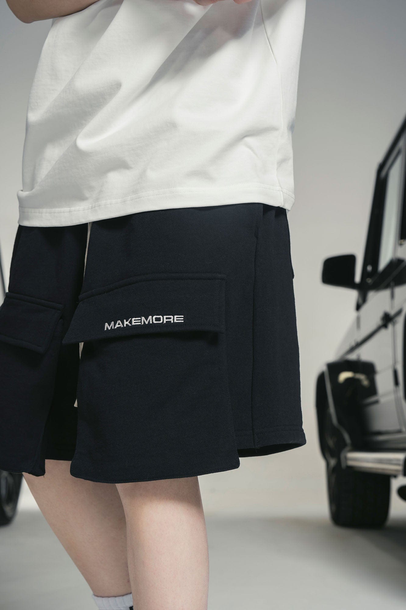 MAKEMORE Flap-Pocket Wide-Leg Drawstring Shorts, premium urban and streetwear designers apparel on PROJECTISR.com, MAKEMORE