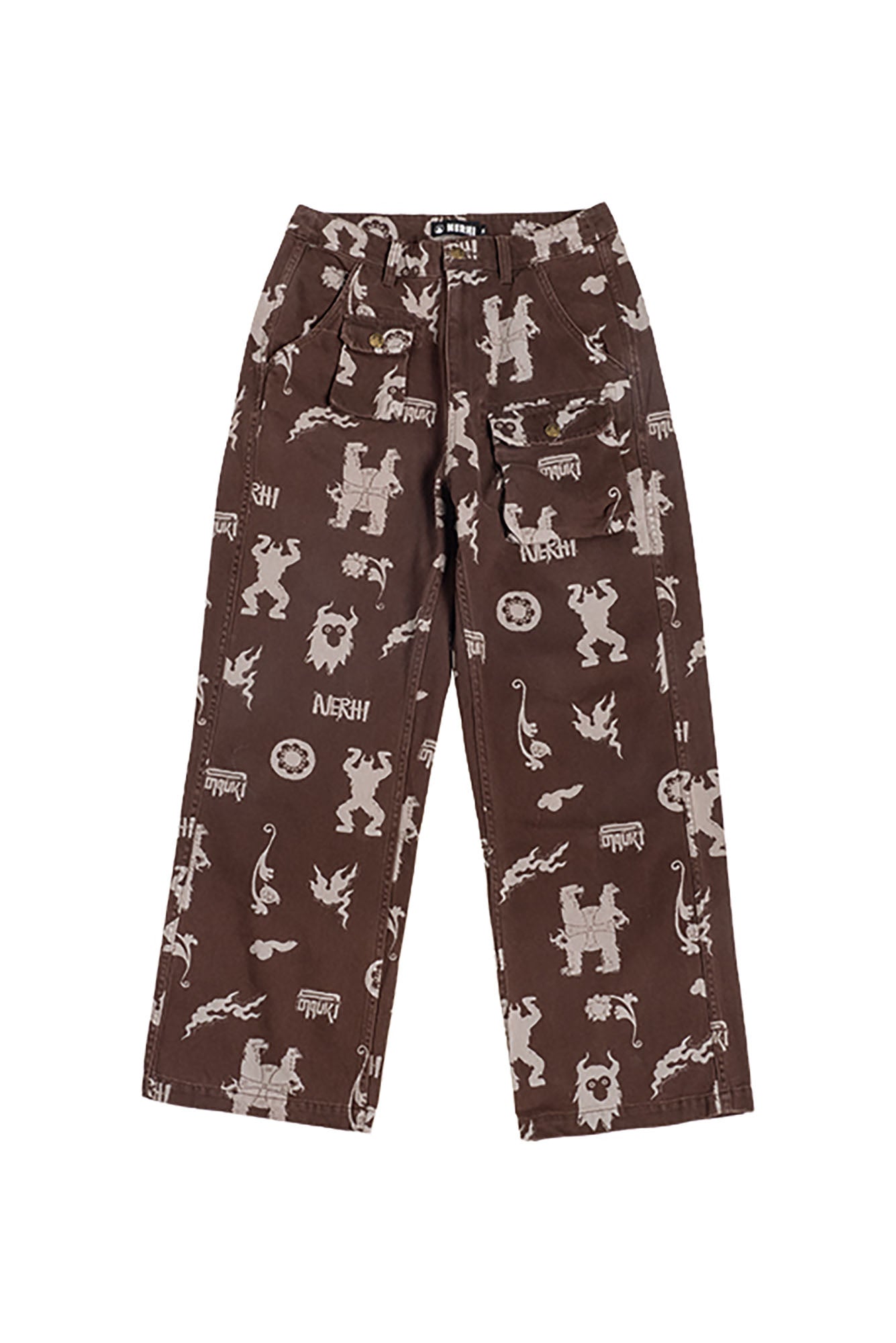 NERHI Tribal Totem Full-Print Patch-Pocket Pants