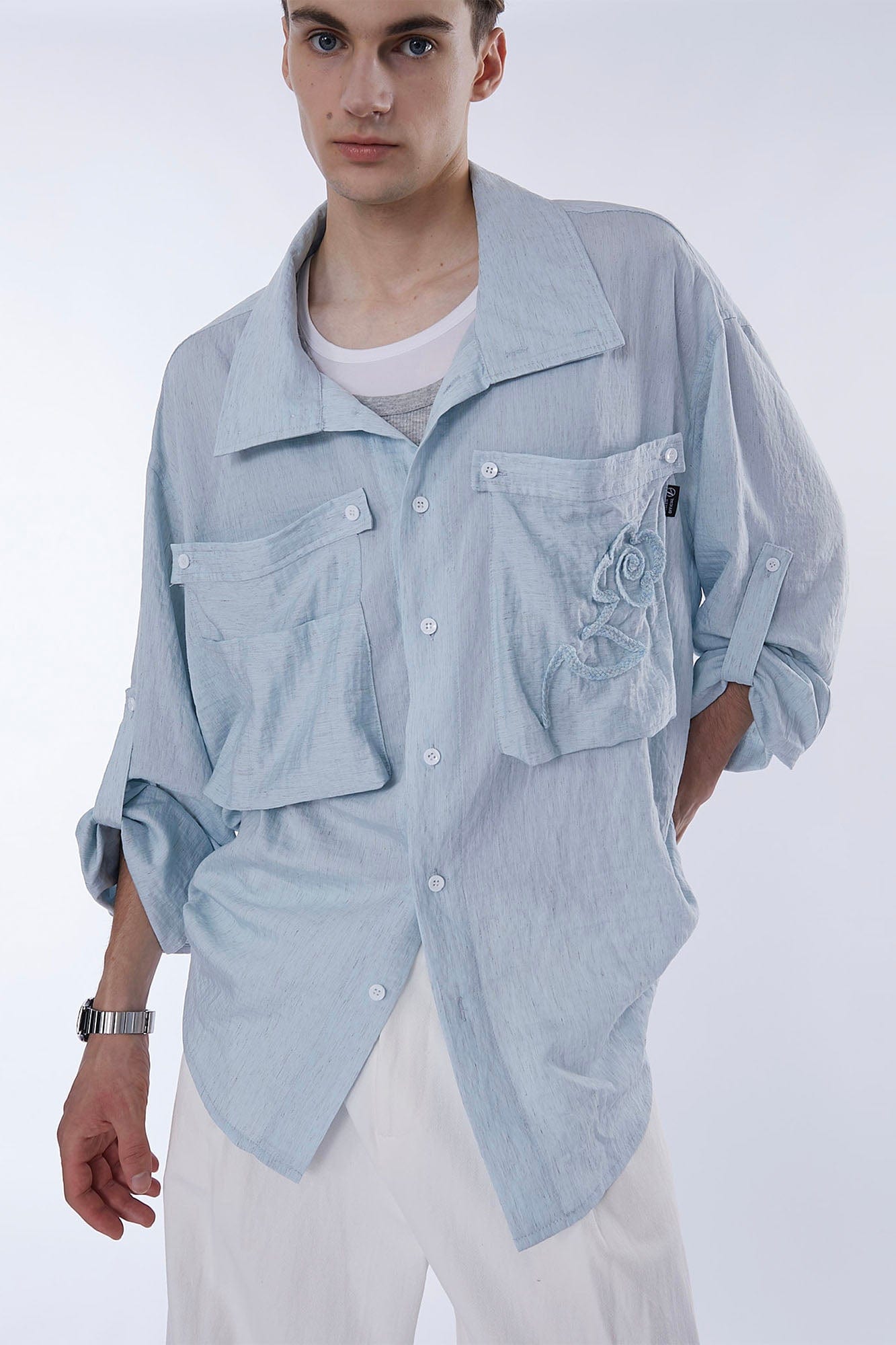 ASSEEN Rose Embroidered Pocket Linen-Blended Overshirt, premium urban and streetwear designers apparel on PROJECTISR.com, ASSEEN