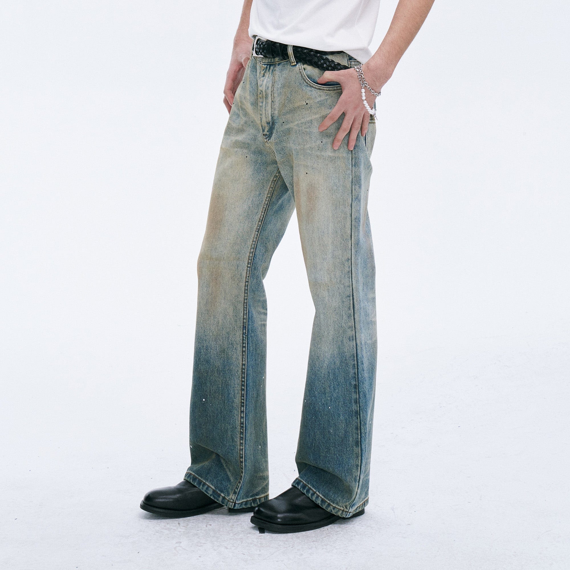CATSSTAC Washed Sunfade Paint-Splatter Wide-Leg Jeans, premium urban and streetwear designers apparel on PROJECTISR.com, CATSSTAC