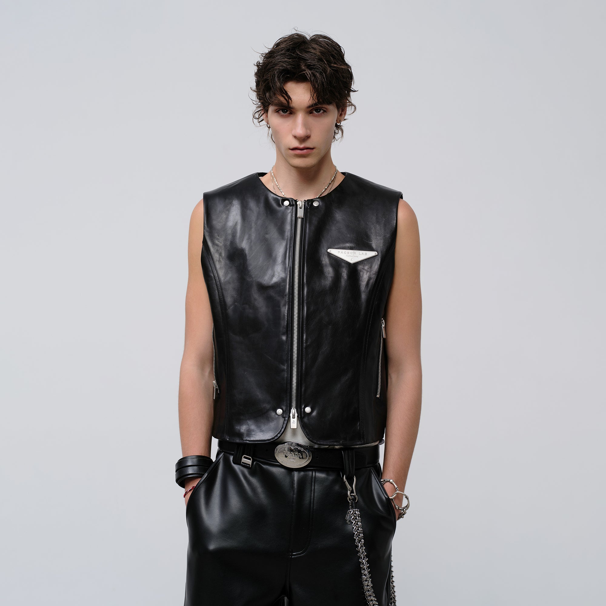 FACEONLAB Reversible Moto Leather Vest Black, premium urban and streetwear designers apparel on PROJECTISR.com, FACEONLAB