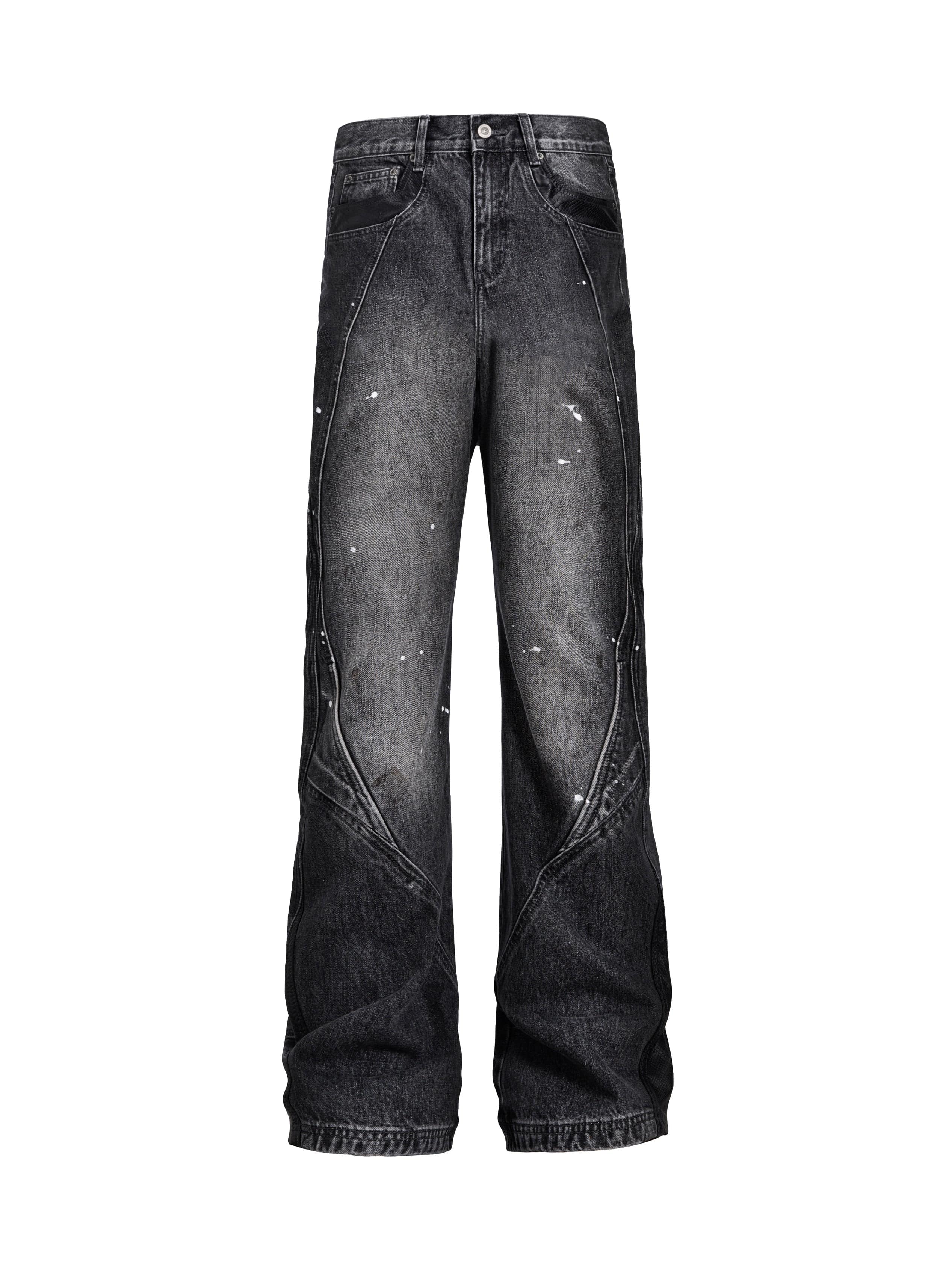 CATSSTAC Washed Panel Paint-Stain Wide-Leg Jeans, premium urban and streetwear designers apparel on PROJECTISR.com, CATSSTAC
