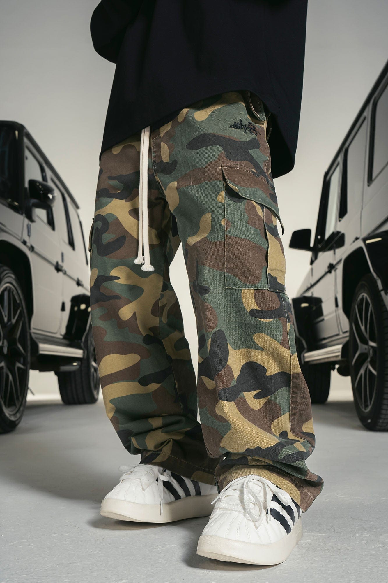MAKEMORE Camo Drawstring Cargo Sweatpants, premium urban and streetwear designers apparel on PROJECTISR.com, MAKEMORE