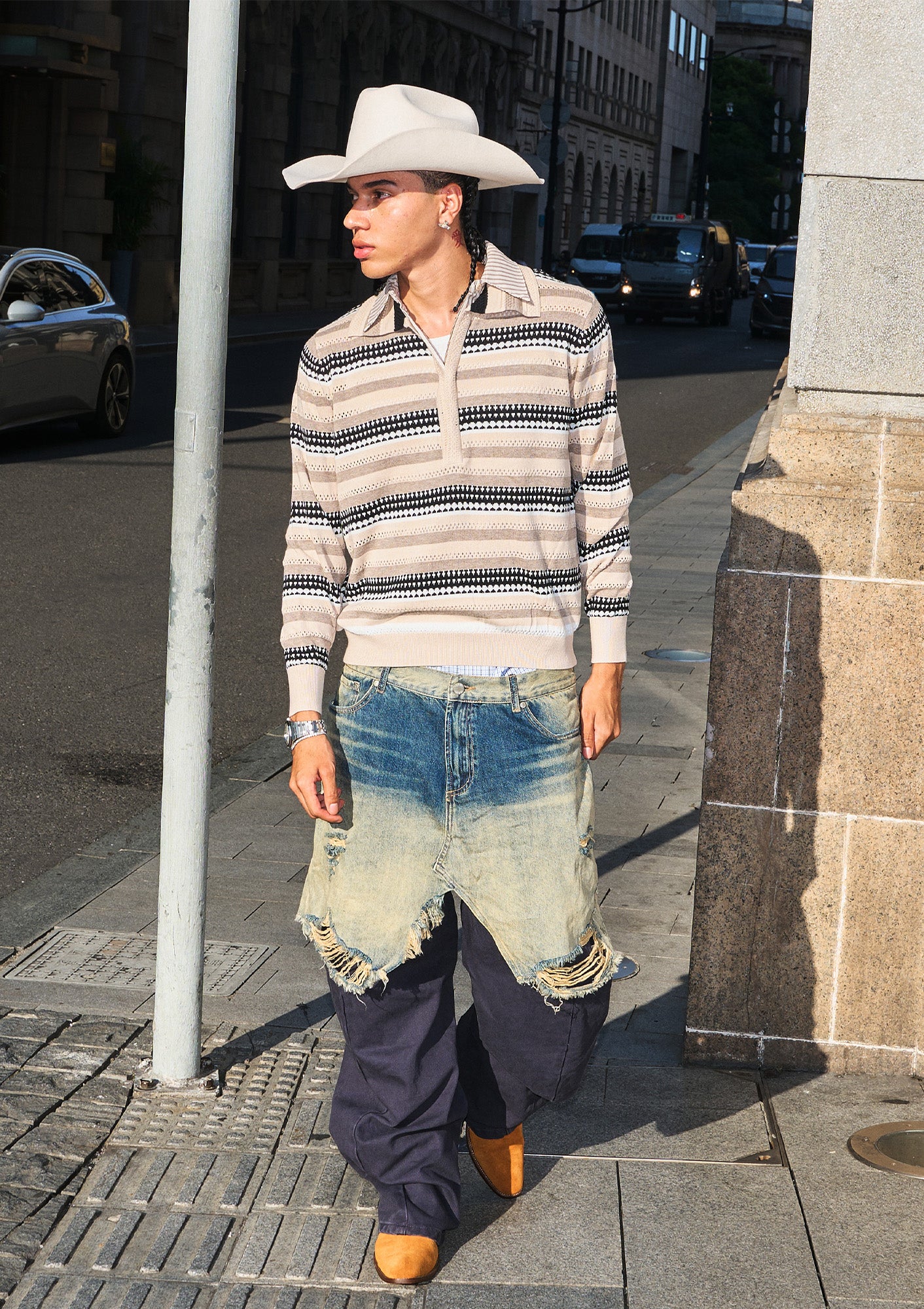 STEEPC Distressed Layered Denim Overlay Pants, premium urban and streetwear designers apparel on PROJECTISR.com, STEEPC