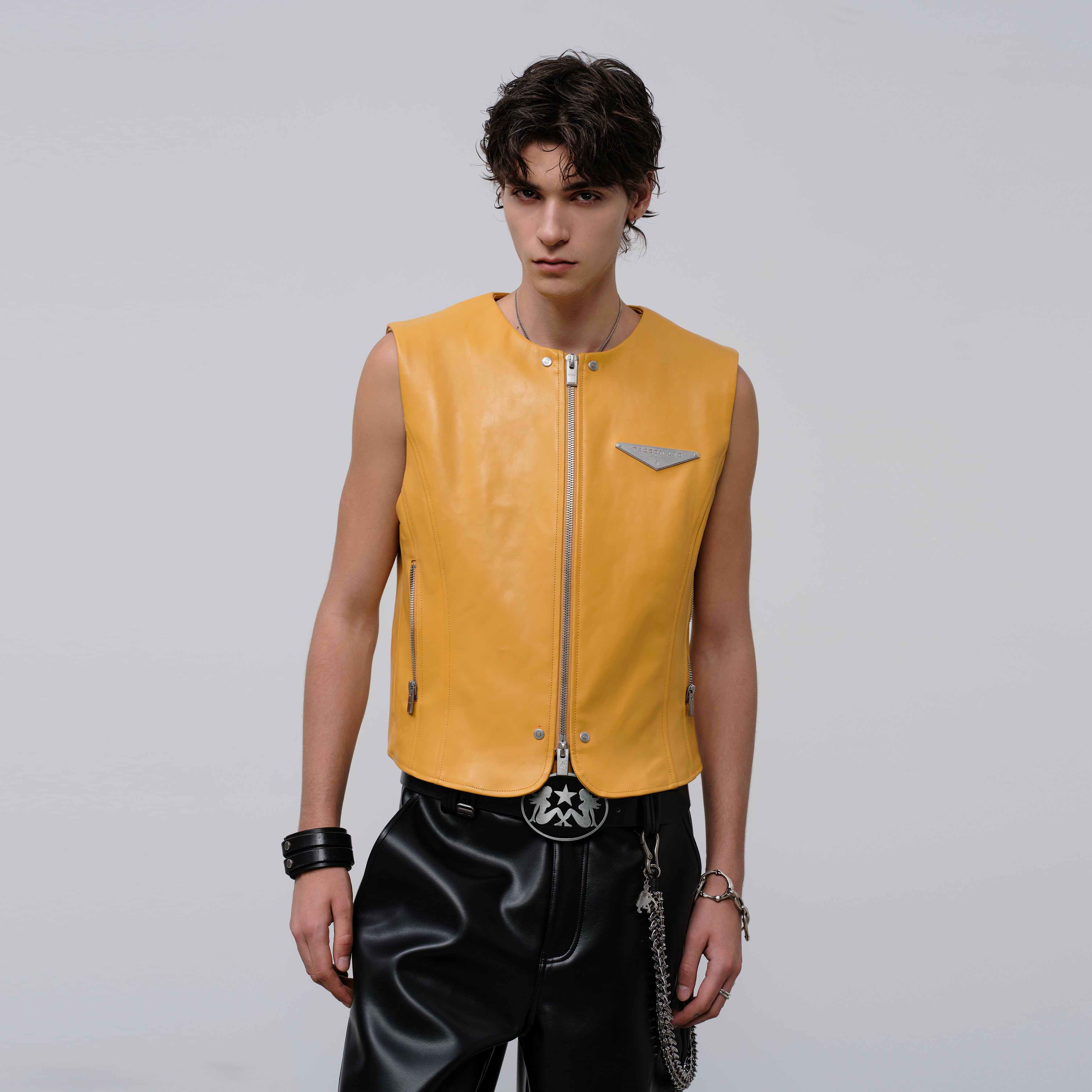 FACEONLAB Reversible Moto Leather Vest Orange, premium urban and streetwear designers apparel on PROJECTISR.com, FACEONLAB