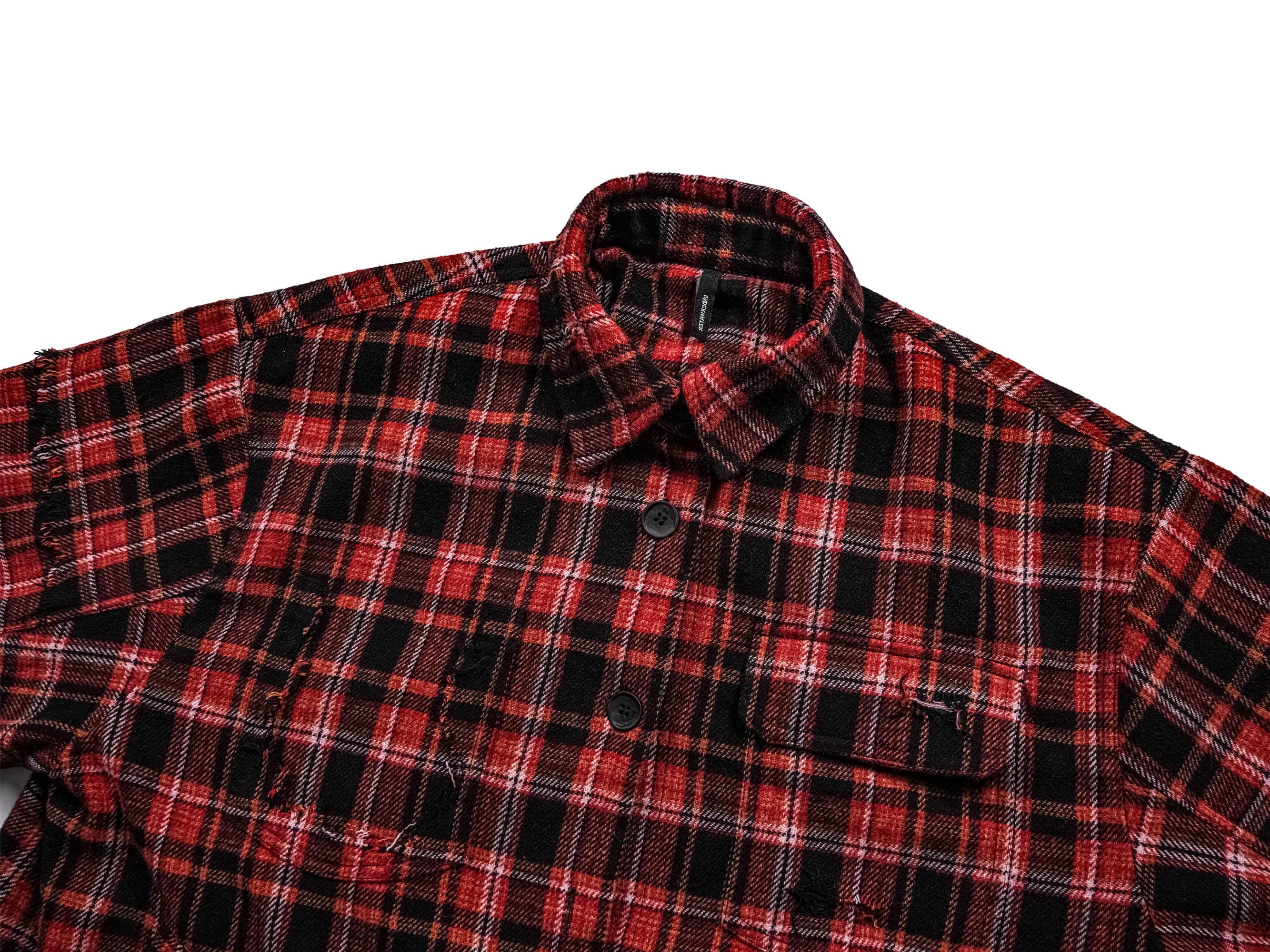 UNDERWATER Crimson Ruin Distressed Plaid Shirt Jacket, premium urban and streetwear designers apparel on PROJECTISR.com, UNDERWATER