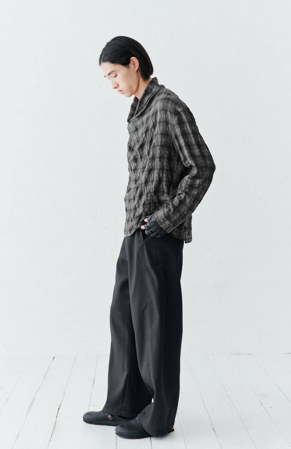 GRAINMUSTARD Plaid Crinkled Cowl Neck Shirt
