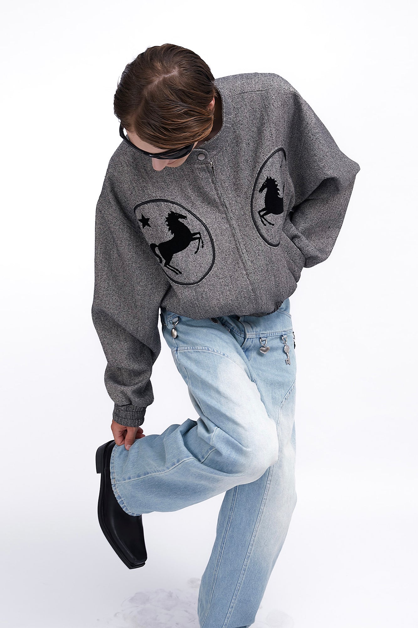 ASSEEN Horse Graphic Herringbone Bomber Jacket