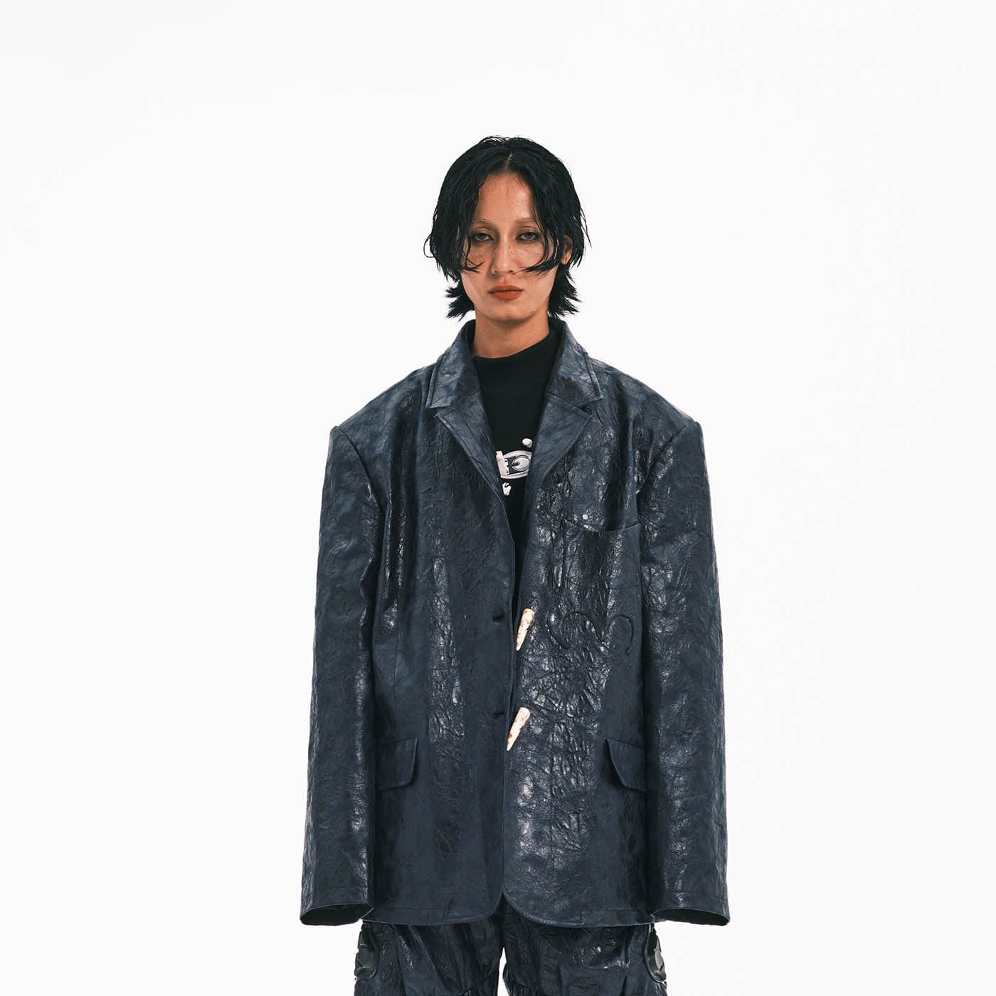 EMBRYO Crinkled Textured Faux Leather Blazer, premium urban and streetwear designers apparel on PROJECTISR.com, EMBRYO