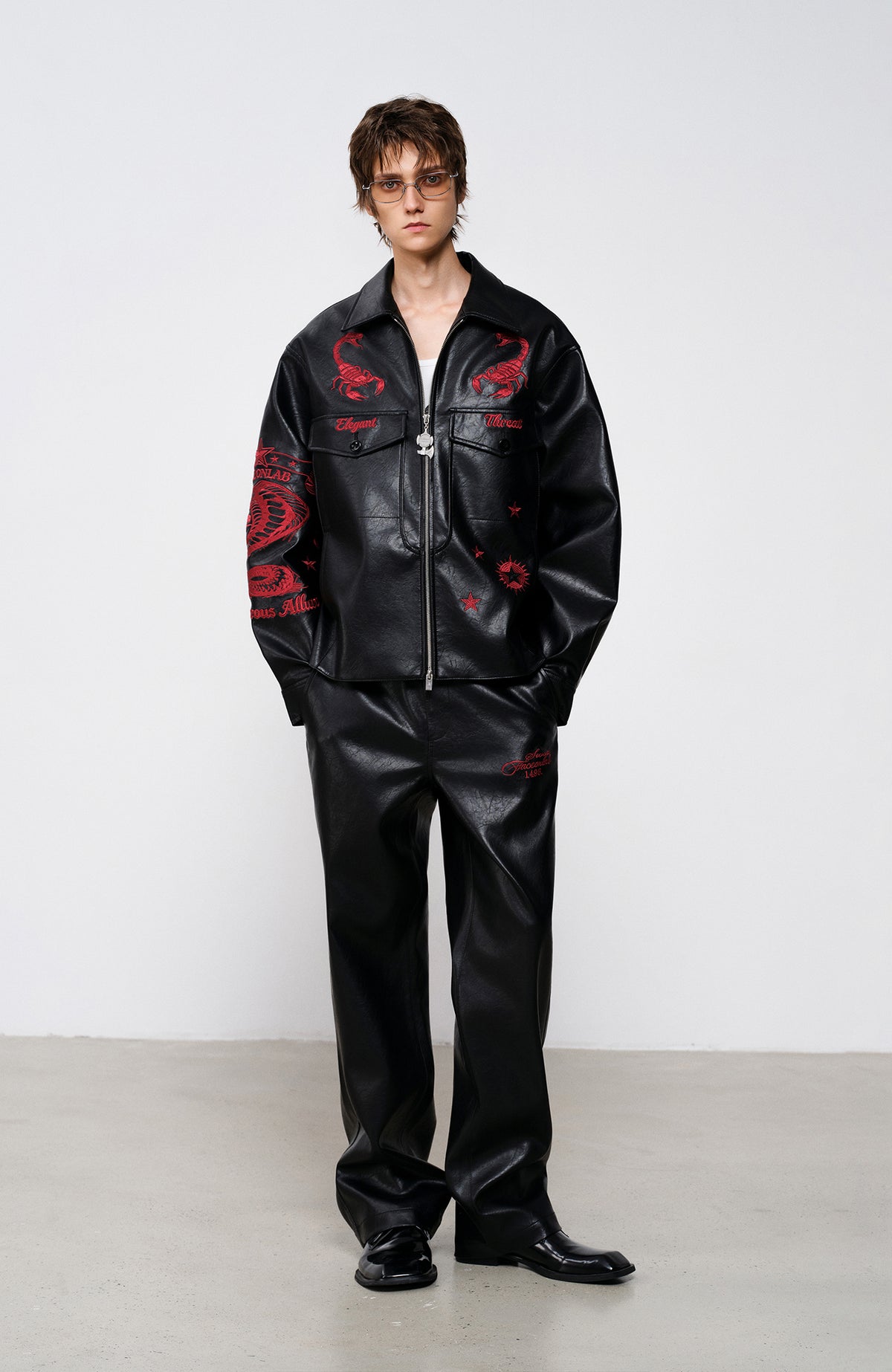 FACEONLAB Embroidered Faux Leather Jacket