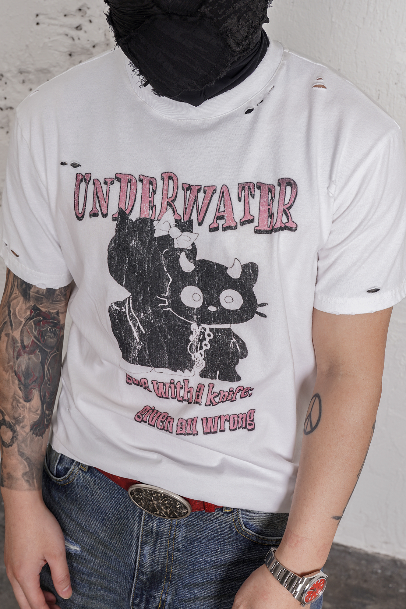 UNDERWATER Distressed Black Cat Graphic T-Shirt, premium urban and streetwear designers apparel on PROJECTISR.com, UNDERWATER