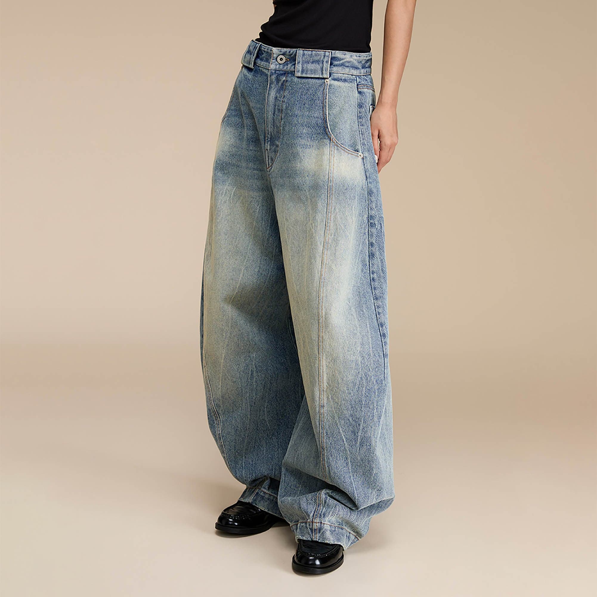OPICLOTH Distressed Spliced Barrel-Leg Jeans, premium urban and streetwear designers apparel on PROJECTISR.com, OPICLOTH