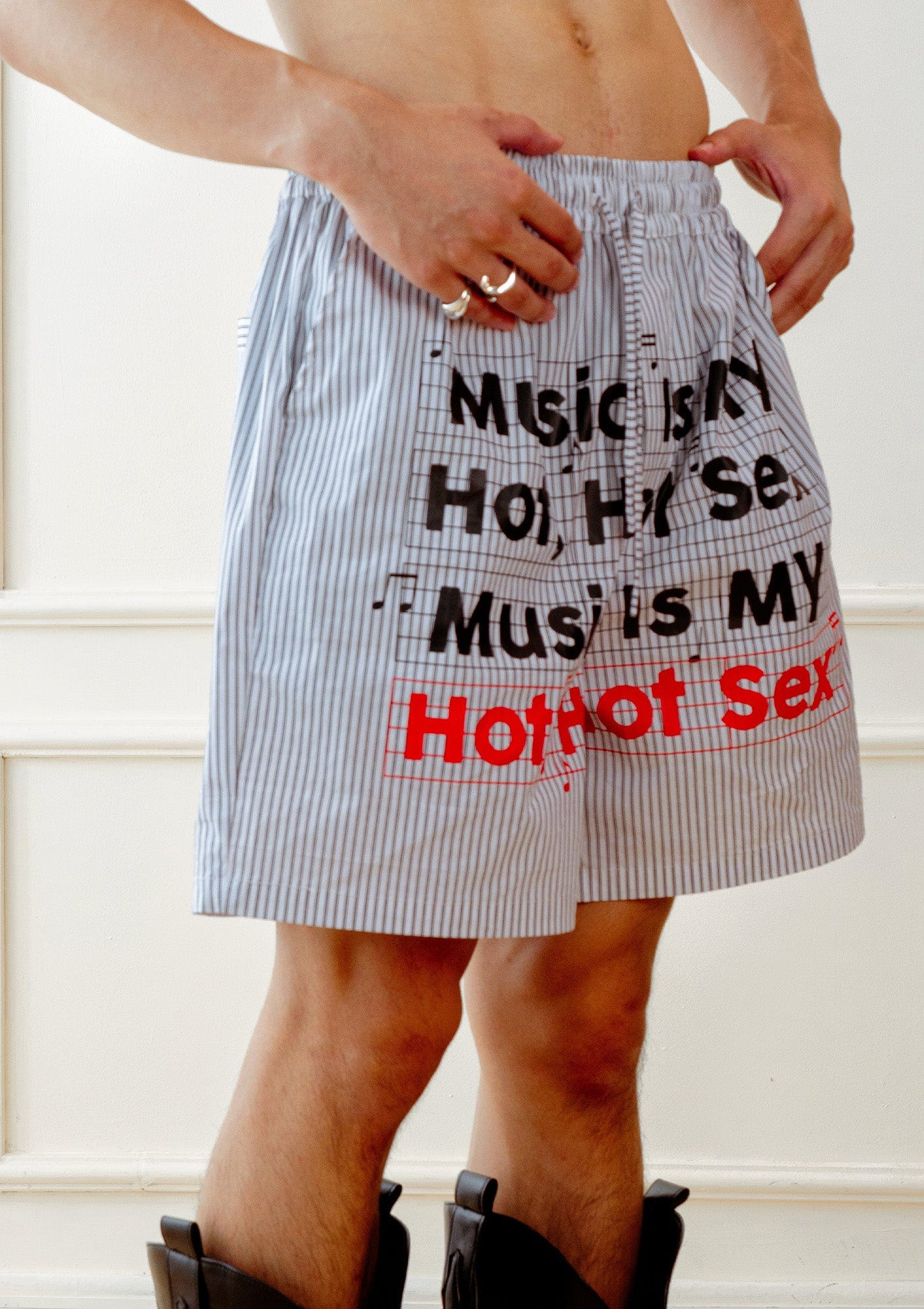 KADAKADA Stripe Slogan Graphic Lounge Shorts, premium urban and streetwear designers apparel on PROJECTISR.com, KADAKADA