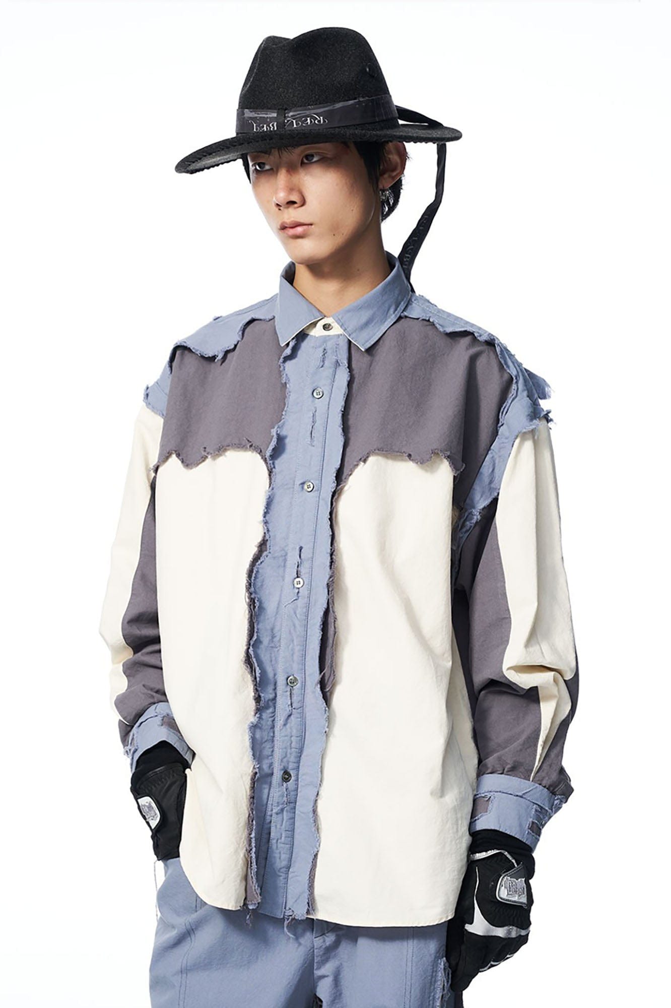 RELABEL Deconstructed Paneled Raw-Edge Frayed Shirt, premium urban and streetwear designers apparel on PROJECTISR.com, RELABEL