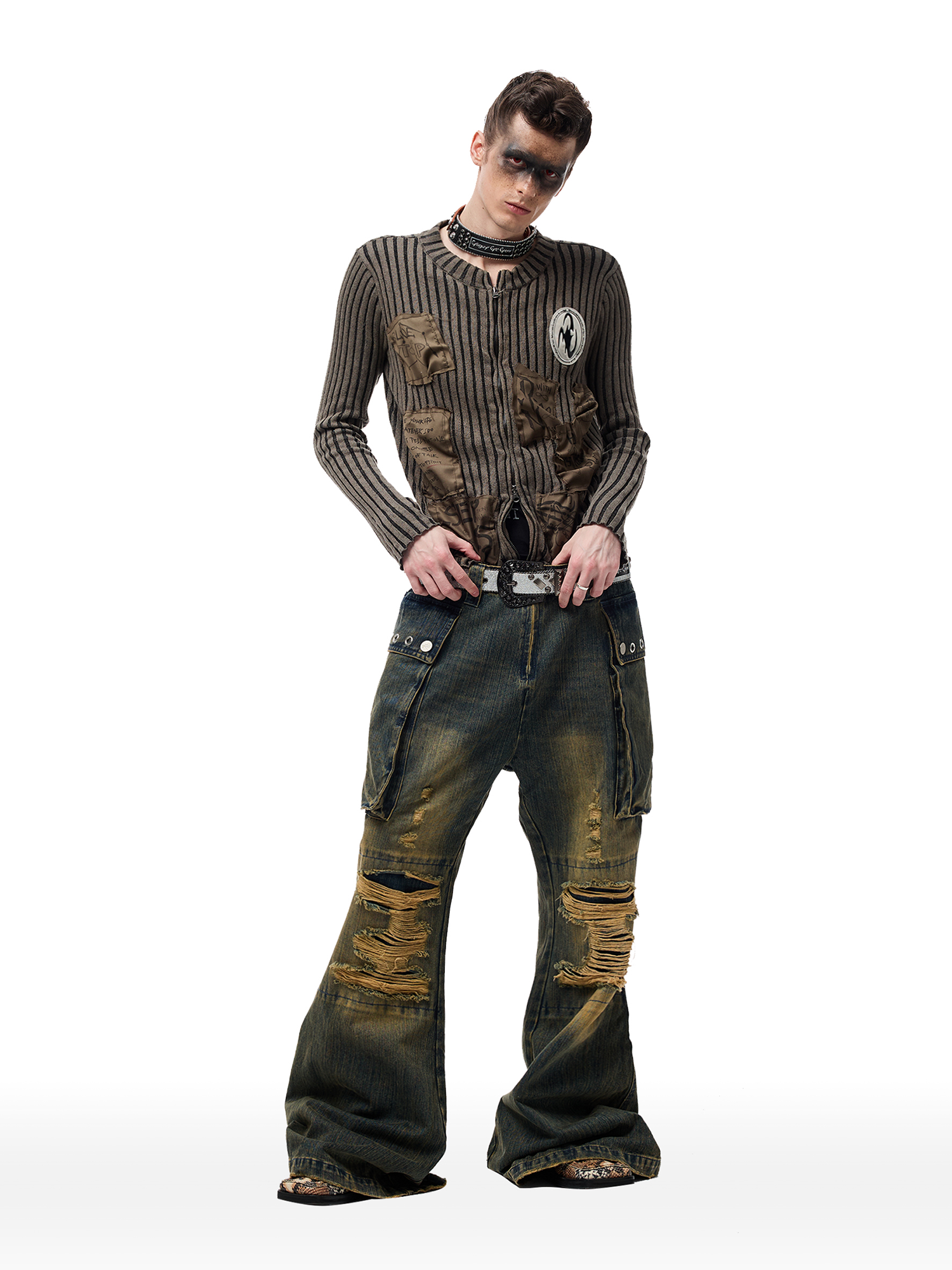 CYCYCY Distressed Big-Pocket Flared Jeans