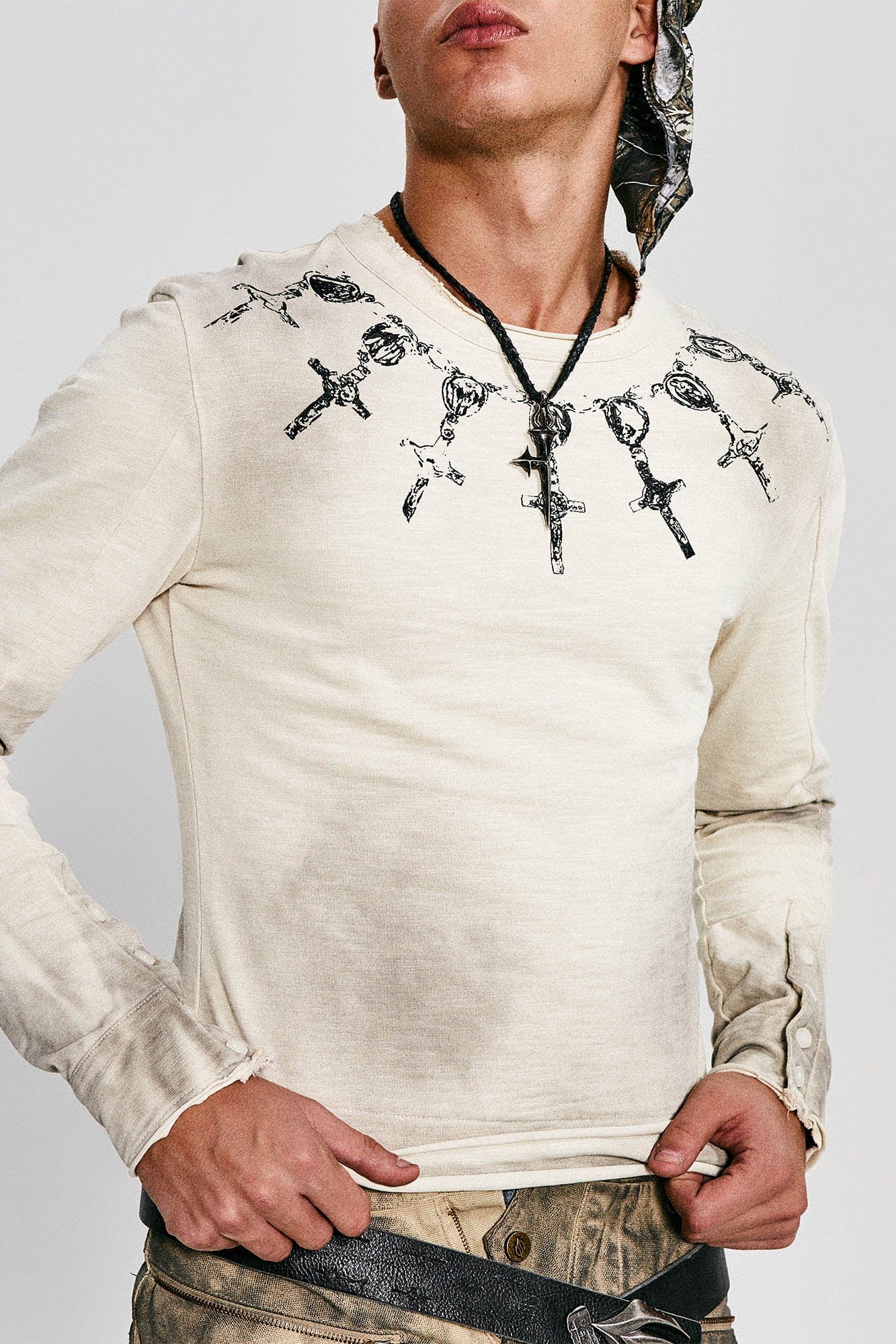 FLYERRER Distressed Cross Chain Graphic Long-Sleeve Tee, premium urban and streetwear designers apparel on PROJECTISR.com, FLYERRER