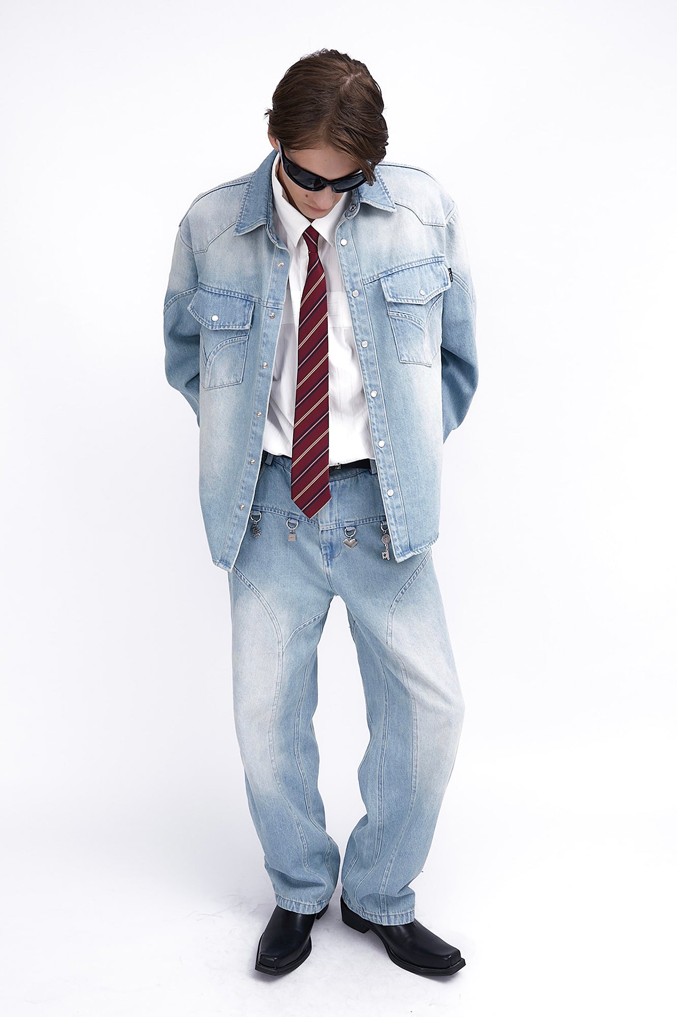 ASSEEN Paneled Washed Western Denim Shirt