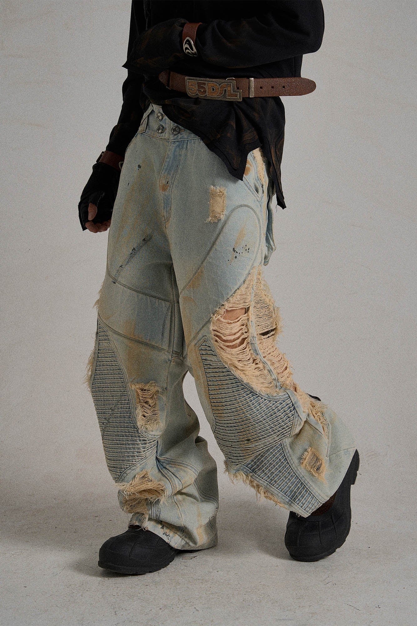 FLYERRER Paneled Heavily Ripped Fringe Jeans, premium urban and streetwear designers apparel on PROJECTISR.com, FLYERRER