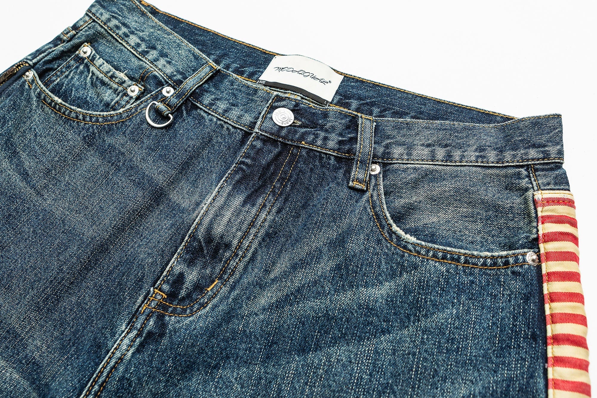 ME DA IGUAL Striped Spliced Distressed Whiskered Jeans, premium urban and streetwear designers apparel on PROJECTISR.com, ME DA IGUAL