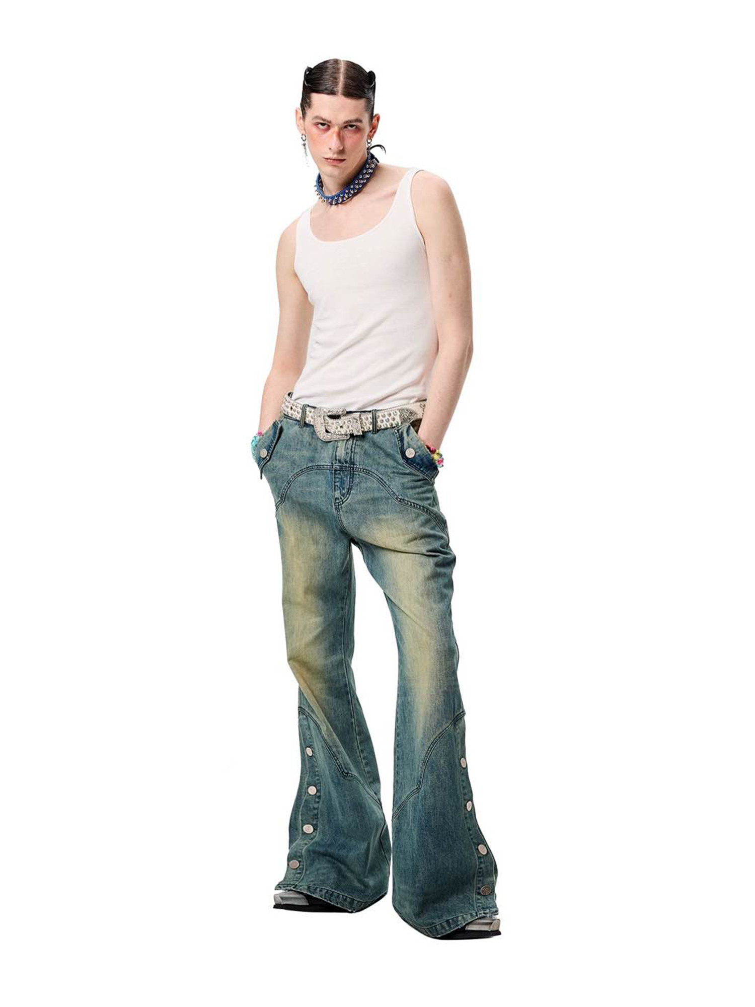 ERISSTOFF Washed Detachable Flared Jeans Blue