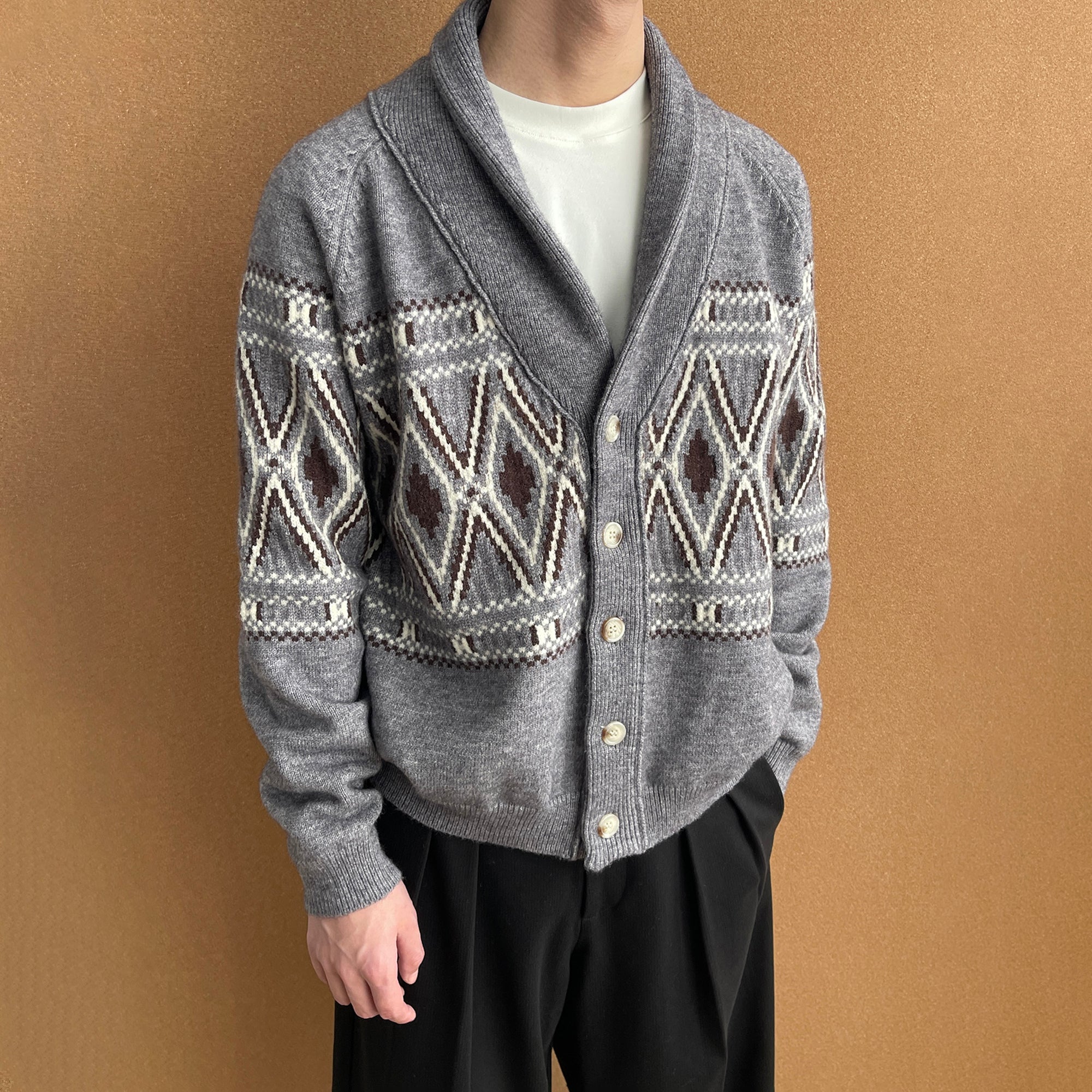 OKAYTHXBYE Fair Isle Shawl Collar Cardigan, premium urban and streetwear designers apparel on PROJECTISR.com, OKAYTHXBYE