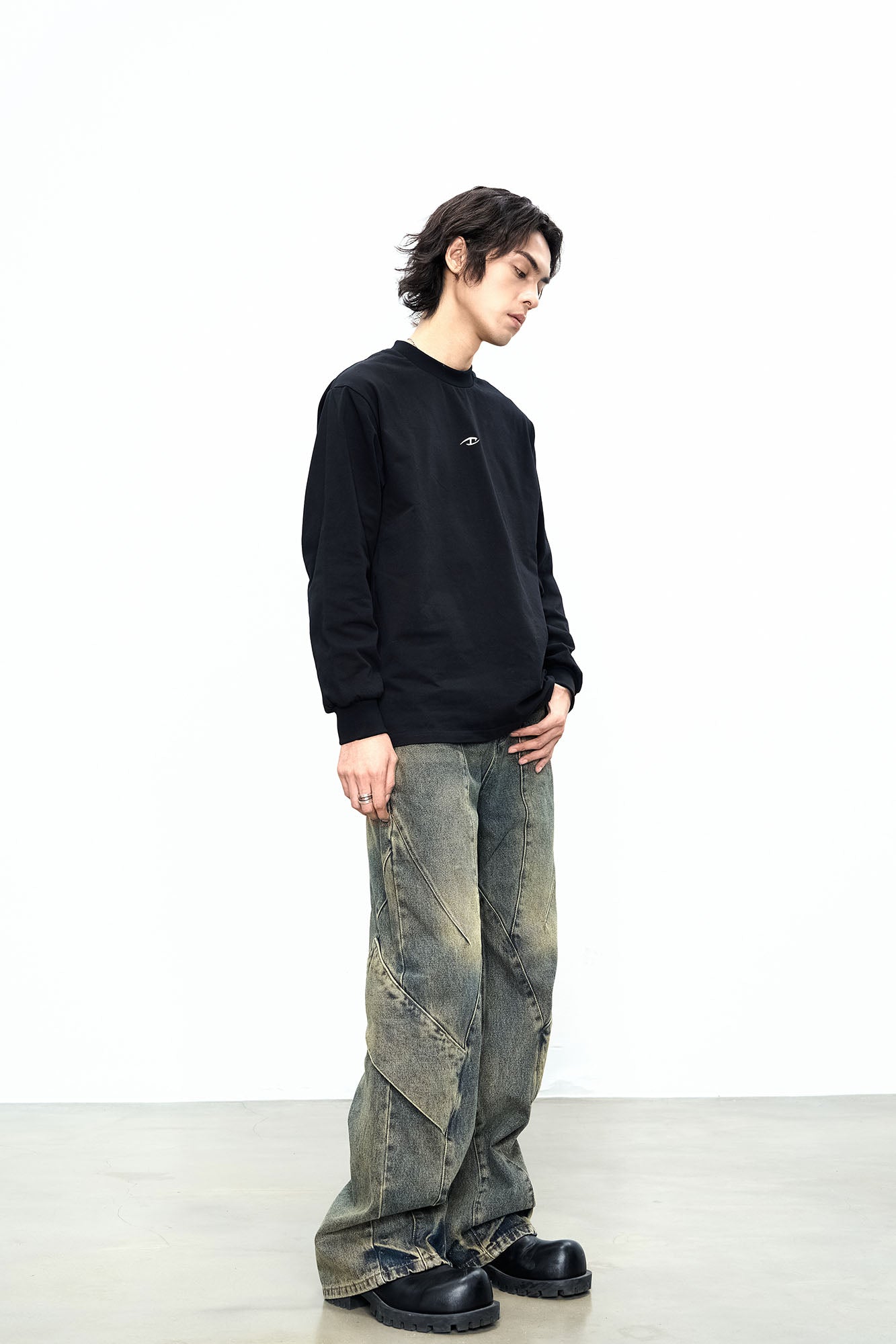 CATSSTAC Dirty Wash Paneled Wide-Leg Jeans, premium urban and streetwear designers apparel on PROJECTISR.com, CATSSTAC