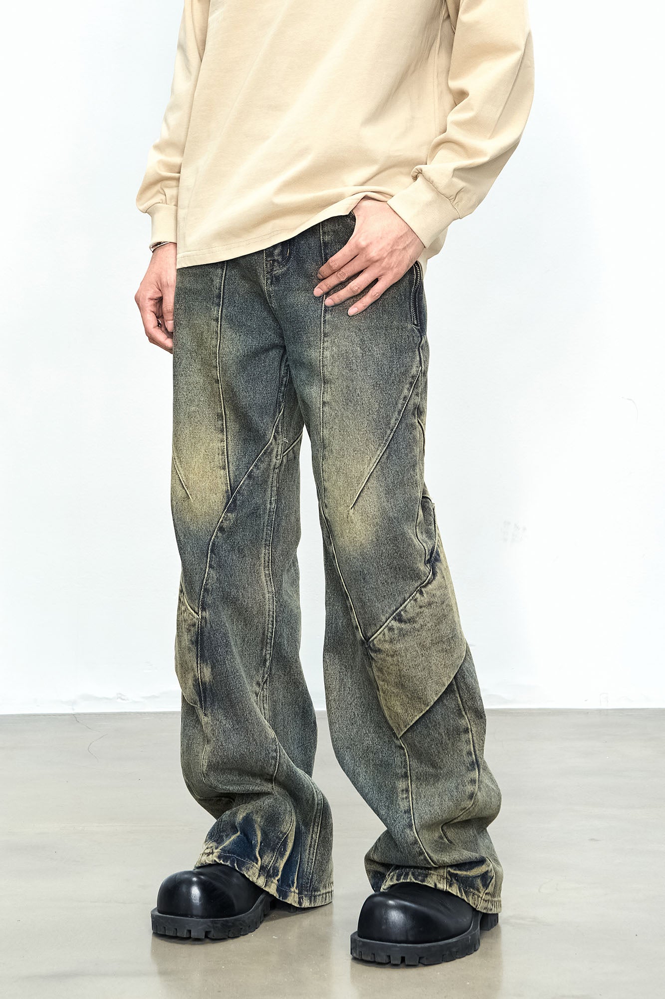 CATSSTAC Dirty Wash Paneled Wide-Leg Jeans, premium urban and streetwear designers apparel on PROJECTISR.com, CATSSTAC