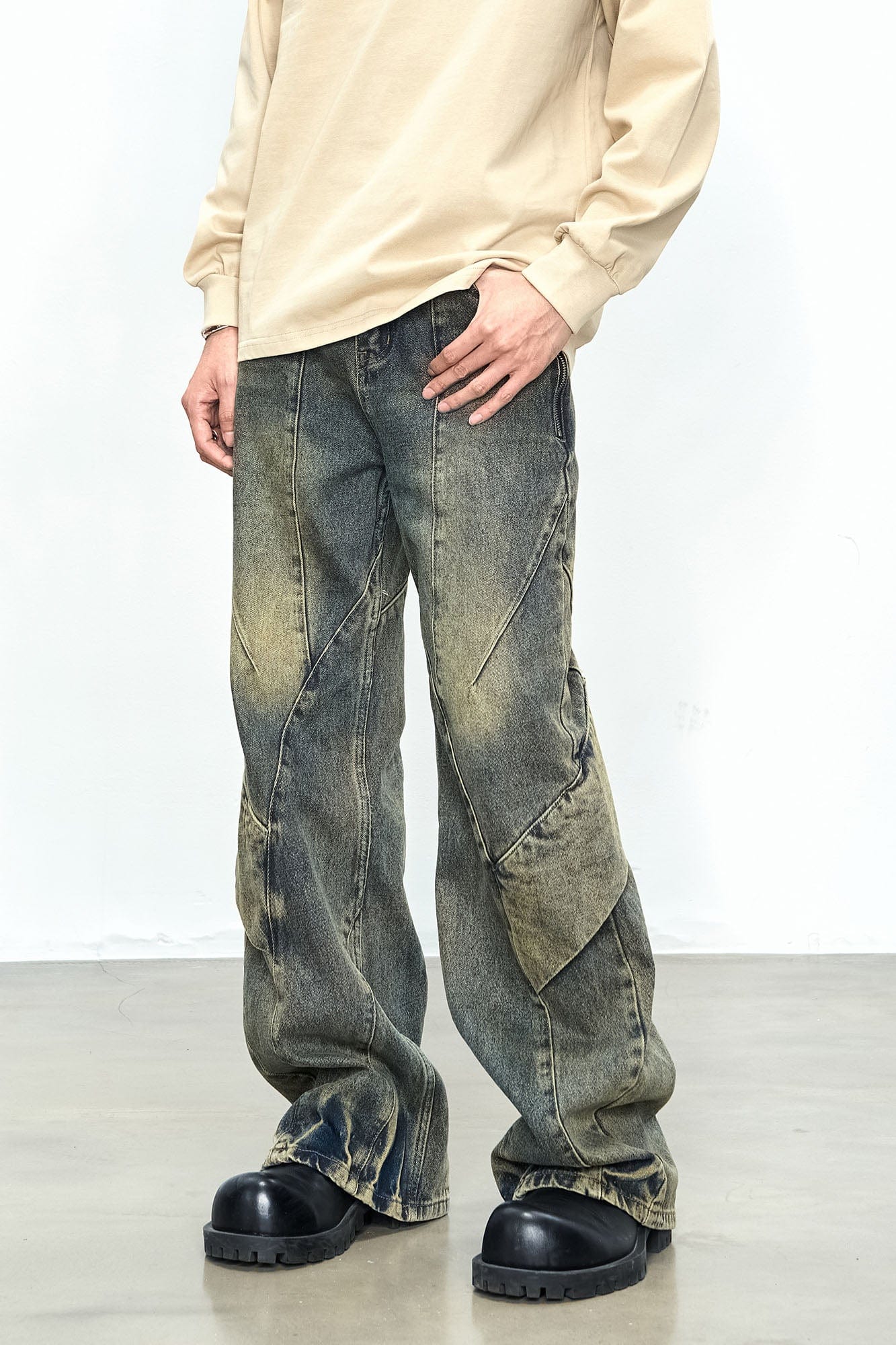 CATSSTAC Dirty Wash Paneled Wide-Leg Jeans, premium urban and streetwear designers apparel on PROJECTISR.com, CATSSTAC