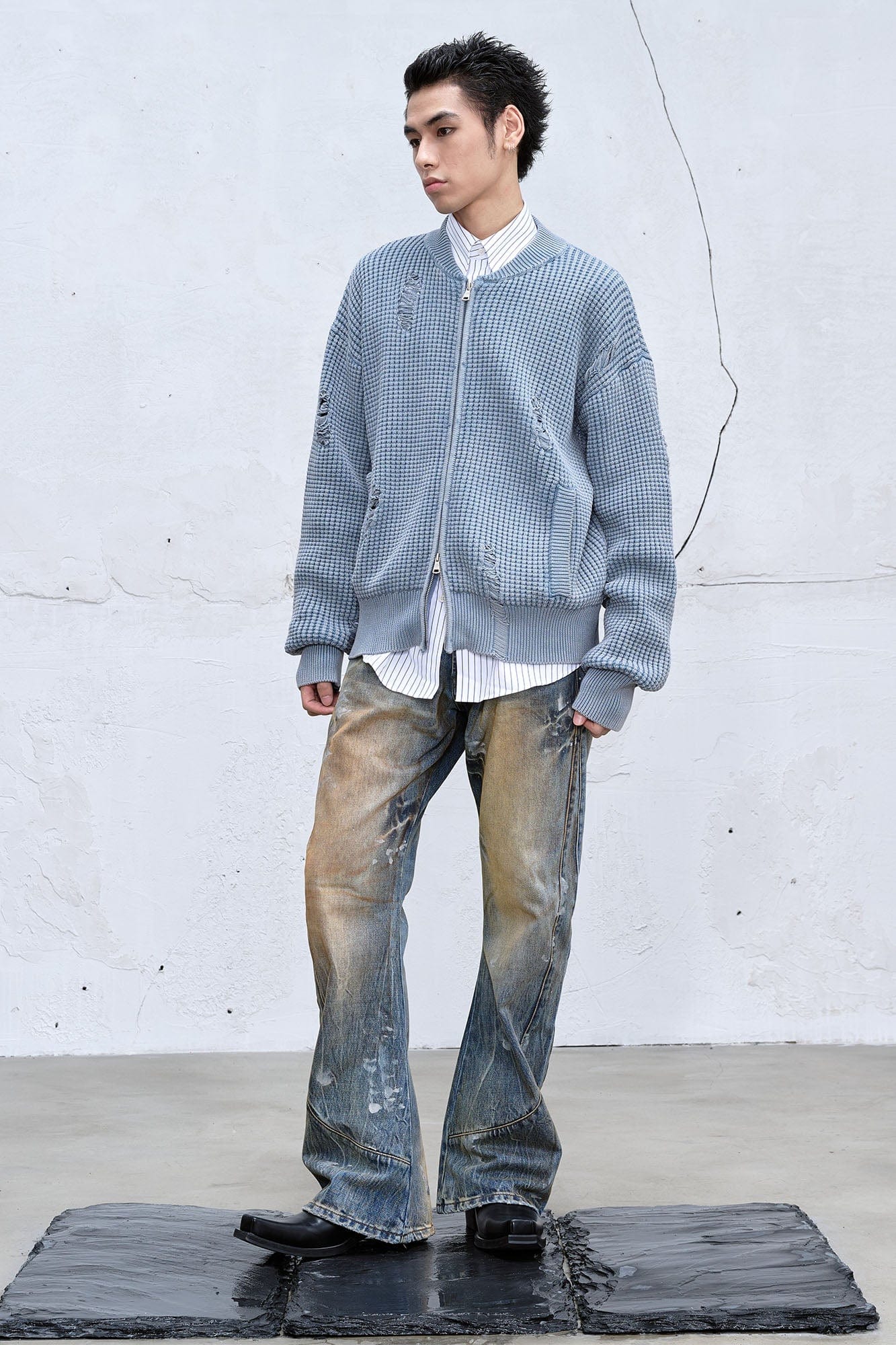 CATSSTAC Dirty Fit Distressed Curved Spliced Jeans, premium urban and streetwear designers apparel on PROJECTISR.com, CATSSTAC
