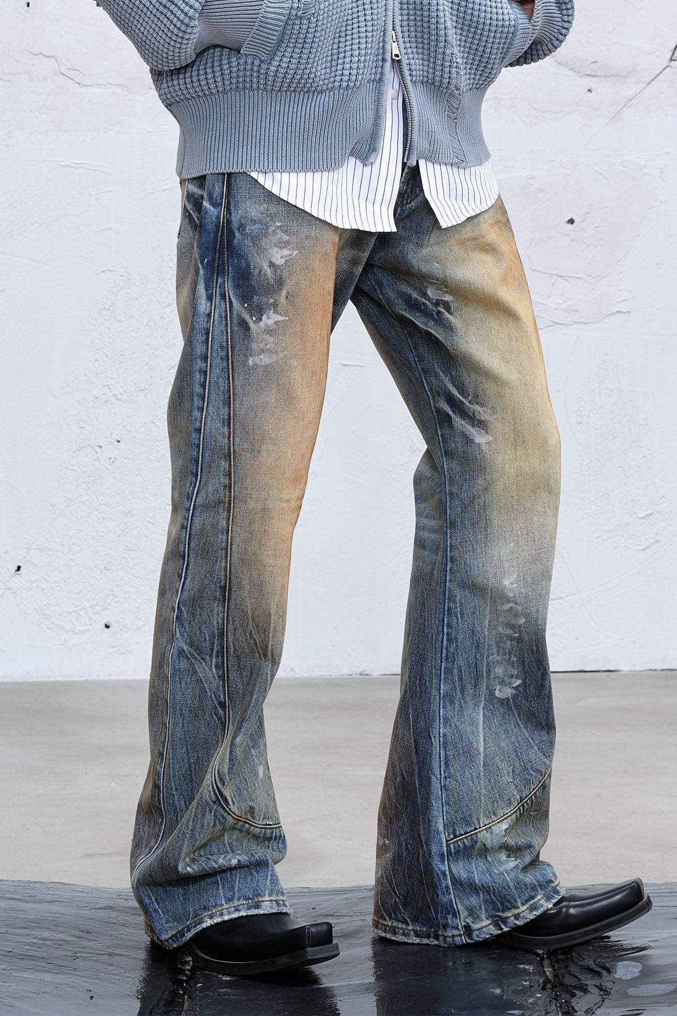 CATSSTAC Dirty Fit Distressed Curved Spliced Jeans, premium urban and streetwear designers apparel on PROJECTISR.com, CATSSTAC