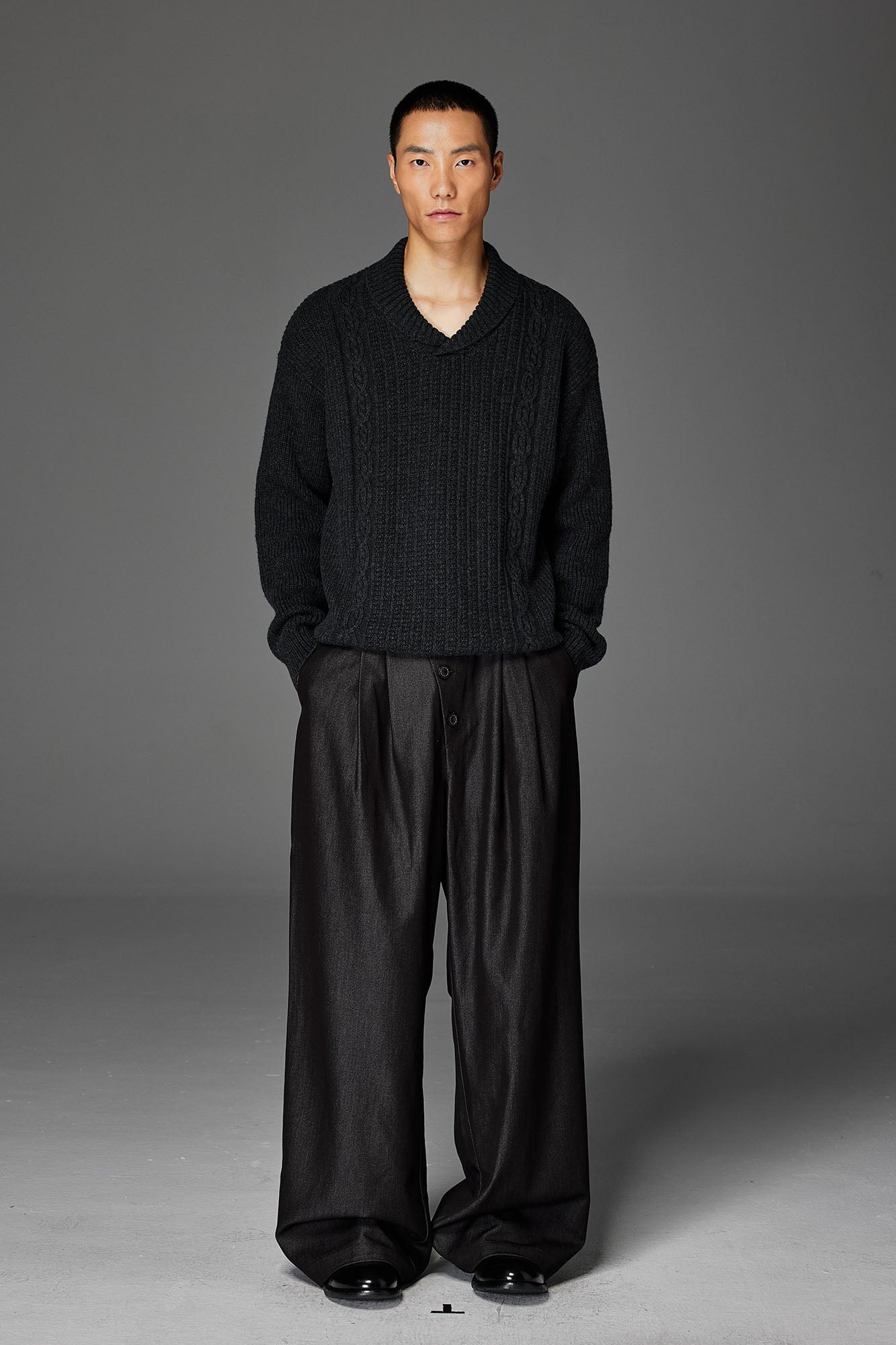 CATSSTAC Wool-Blend Shawl-Collar Cable Knit Sweater