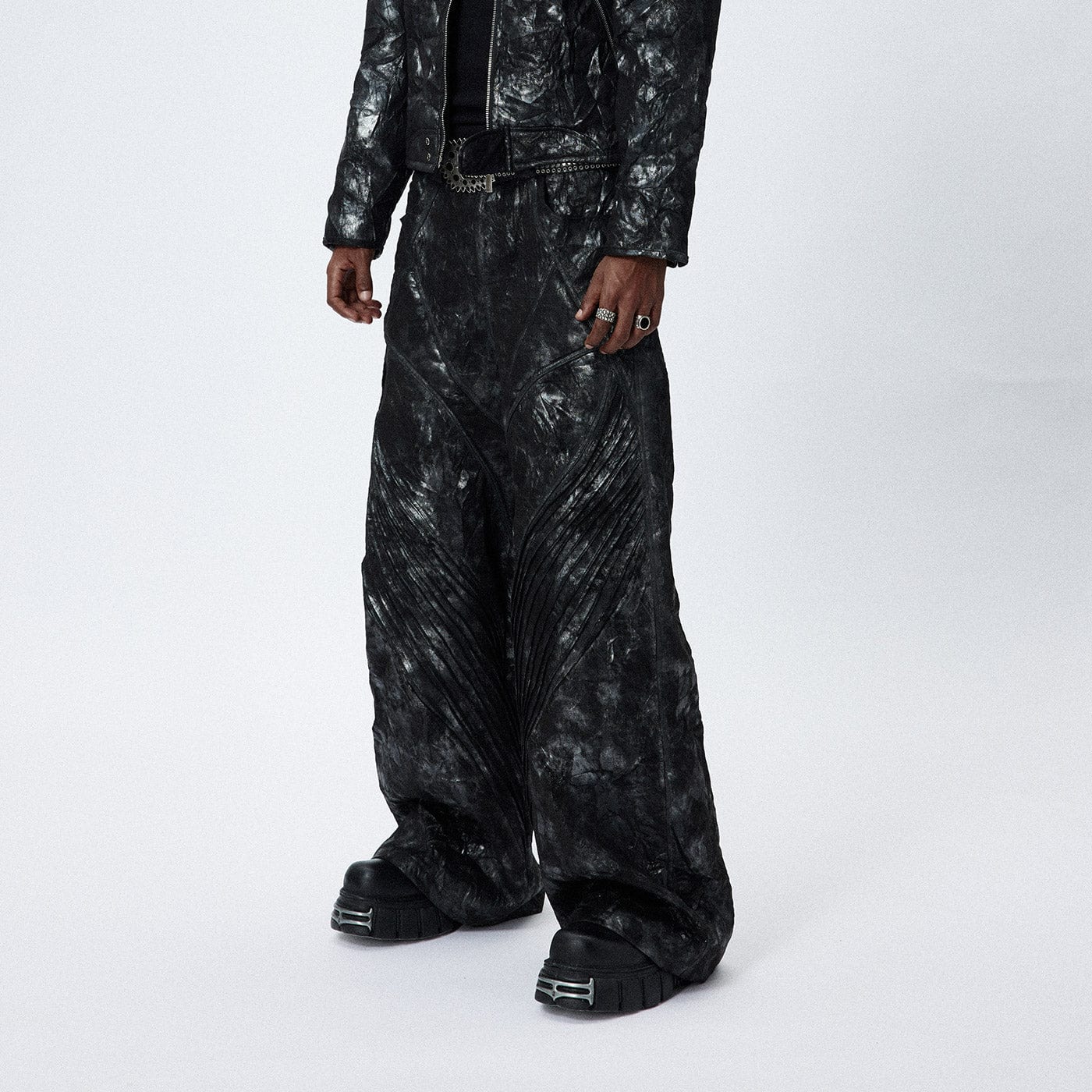DND4DES Faux Leather Wrinkled Motorcycle Pants, premium urban and streetwear designers apparel on PROJECTISR.com, DND4DES