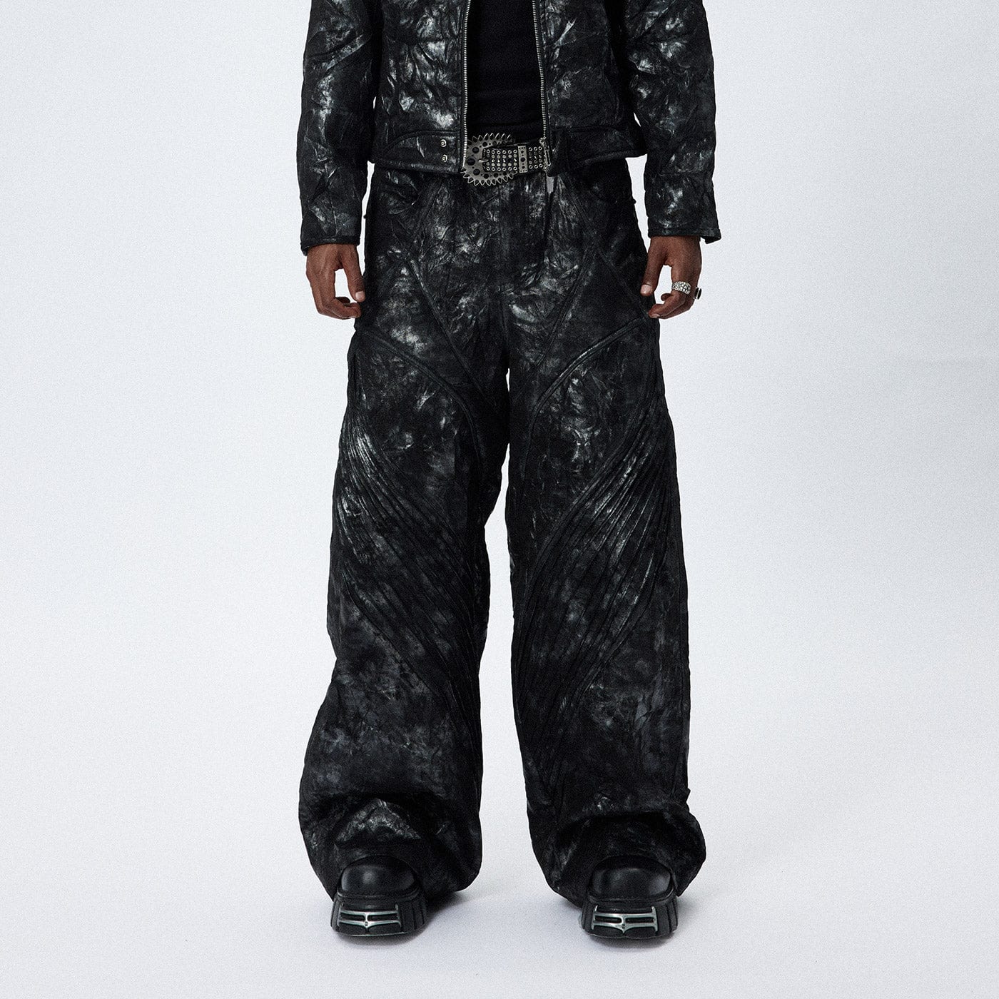 DND4DES Faux Leather Wrinkled Motorcycle Pants, premium urban and streetwear designers apparel on PROJECTISR.com, DND4DES
